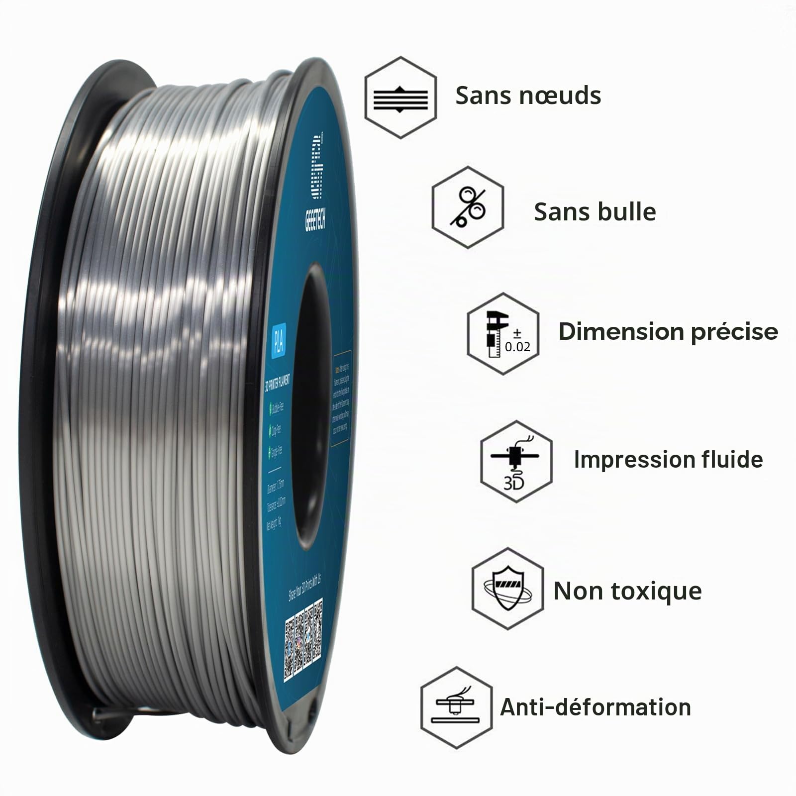 GEEETECH Filament PLA Silk 1.75mm,PLA Soie pour Imprimante 3D,Précision dimensionnelle +/- 0,02 mm,Soie Argent