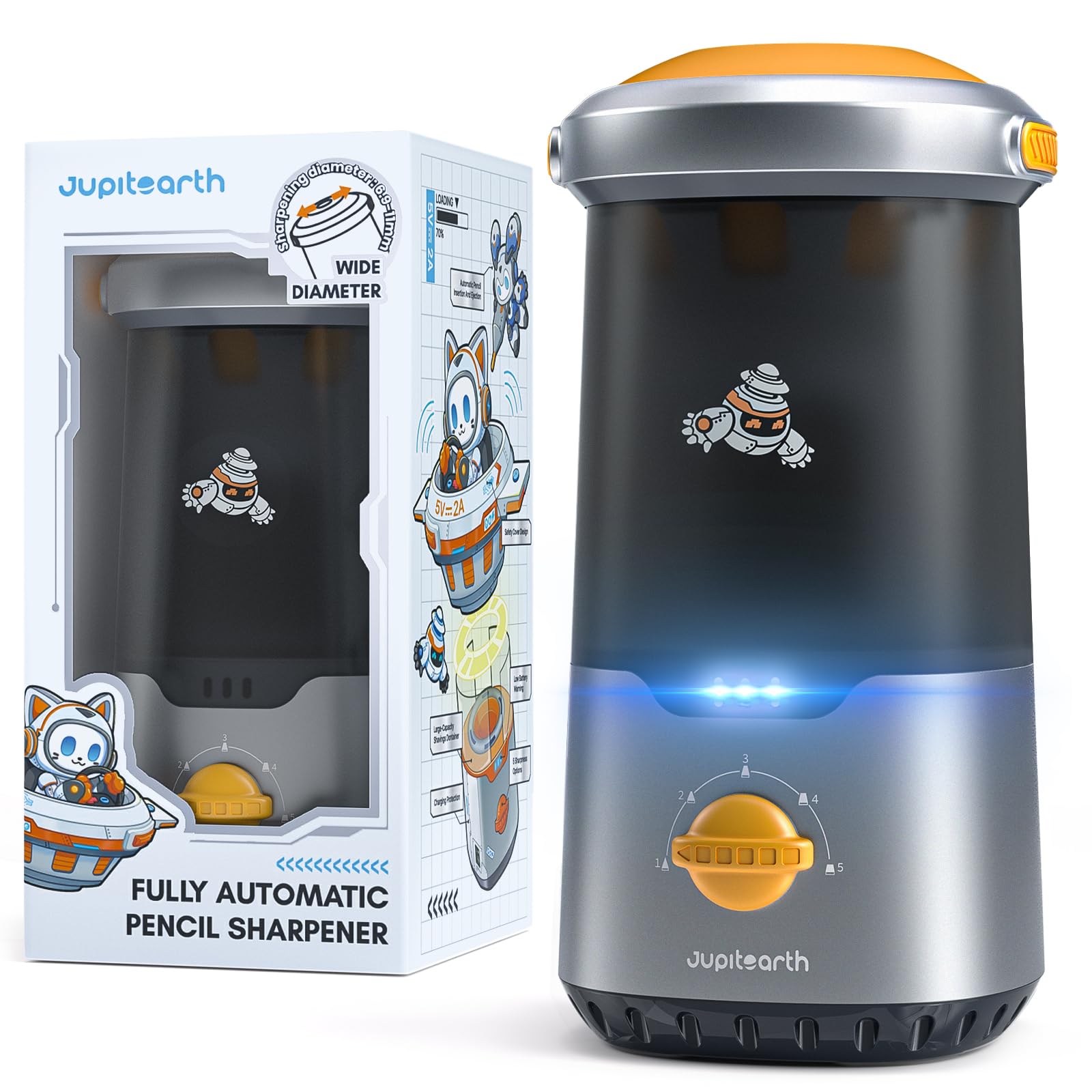 JUPITEARTH Electric Pencil Sharpener for Kids Hands-Free Rechargeable Auto in Out Spaceship Fully Automatic Pencil Sharpener Fits 6