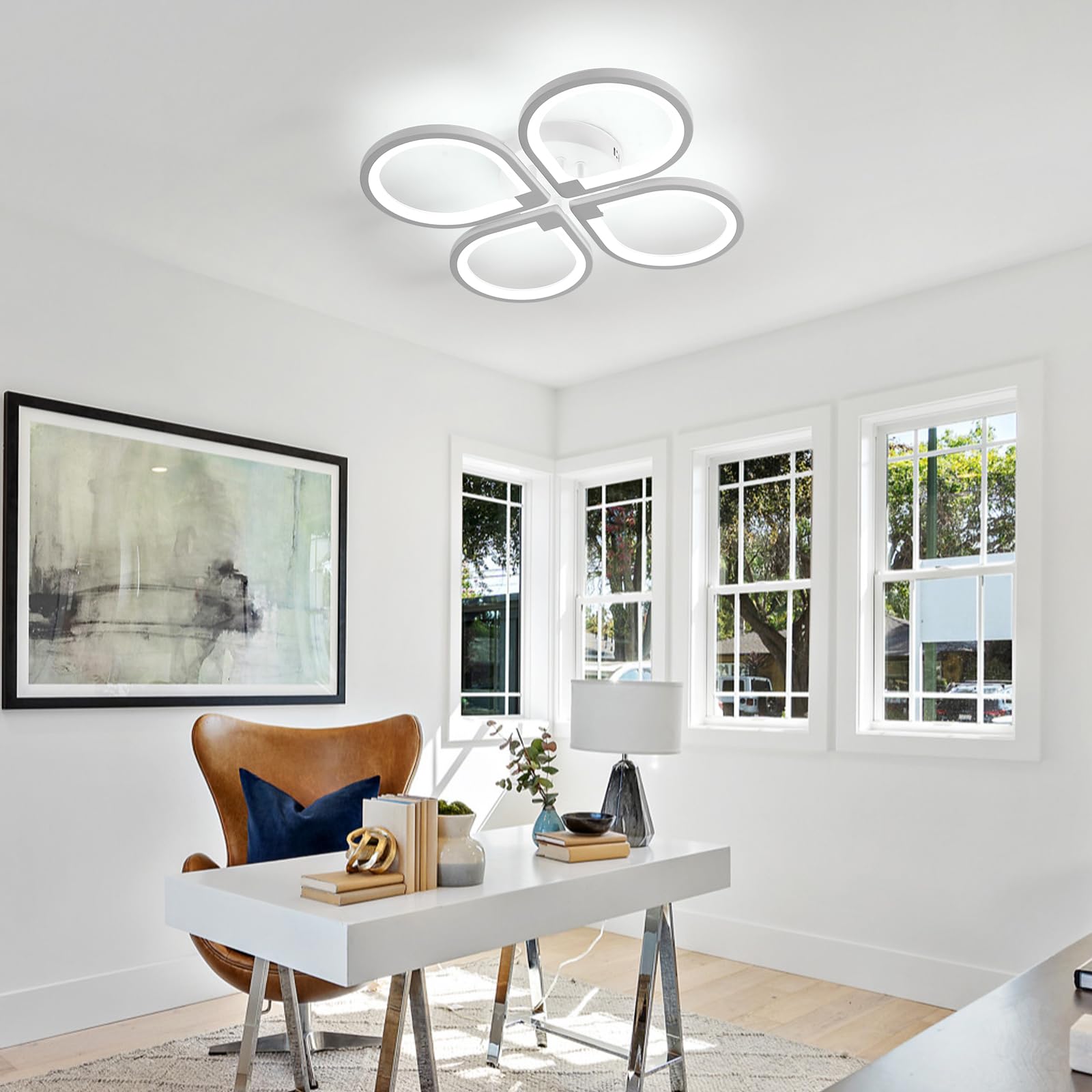 Comely Luz de techo led cuatro pétalos, lámpara de techo 40W 4500LM, luz de techo moderna creativa para sala de estar cocina baño dormitorio pasillo, blanco frío 6500K, diámetro 57cm, blanco