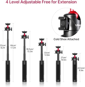 ULANZI MT-16 Extendable Mini Camera Tripod, 4 Levels Adjustment 360 Ball Head Cold Shoe Lightweight Portable Vlog Travel Selfie Stick Handle Grip Desktop Webcam Tripod for DSLR Action Camera