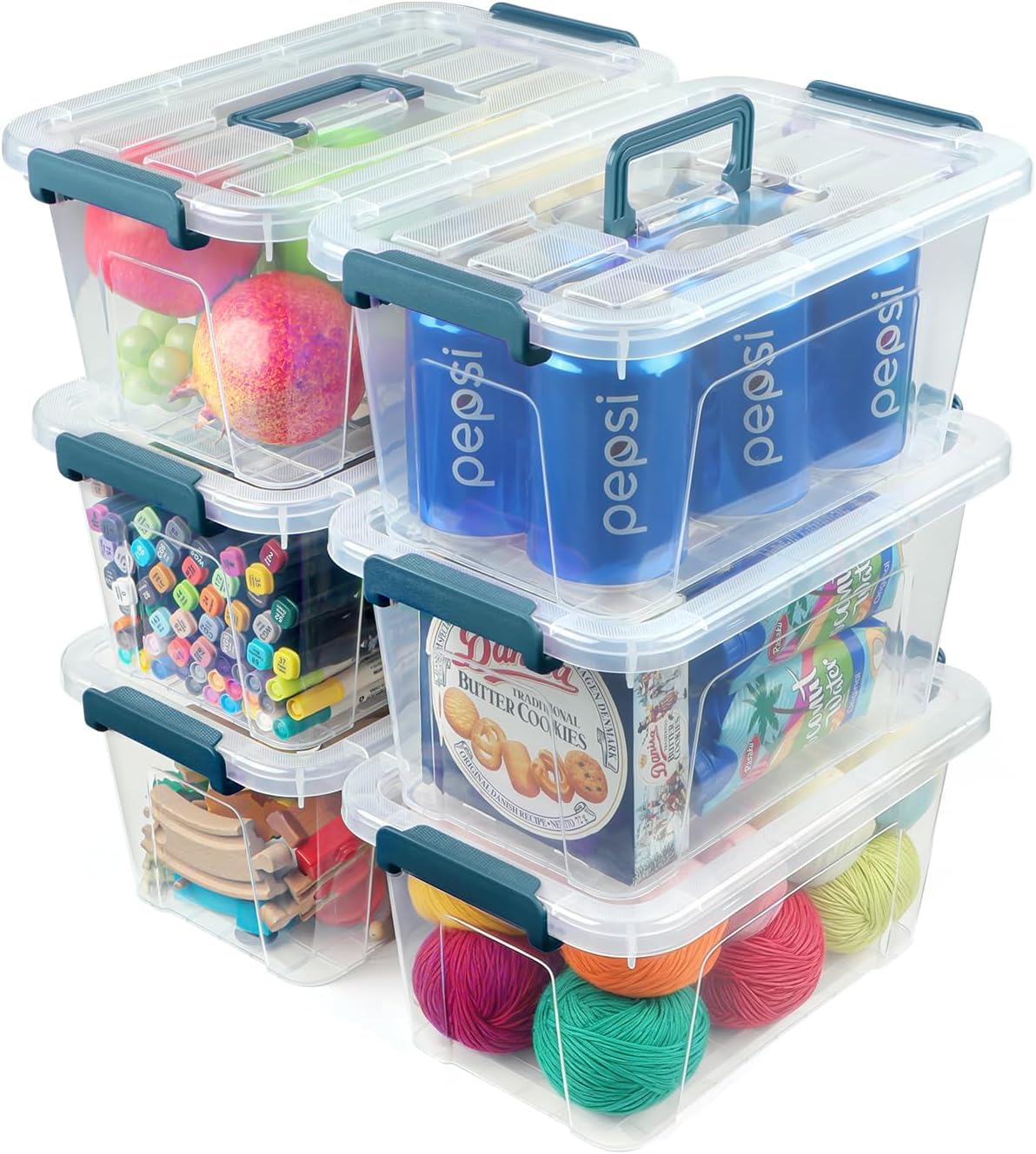 NUMIFUN Plastic Storage Bins with Lids 6 Pack Storage Organizer, 7 Quart Stackable Storage Bins with Buckle Lids and Handle easy for Home Office Pantry Organization, Clear Lids