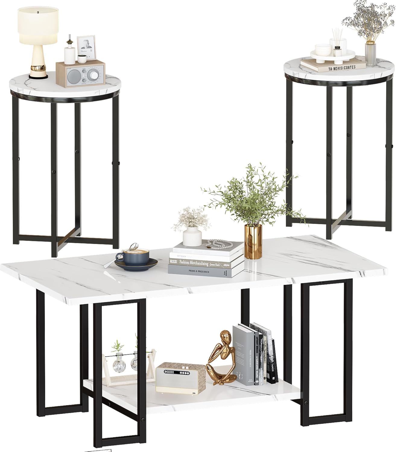 AWQM Coffee Table Set of 3, Faux Marble Coffee Table with 2 Round End Side Tables, Modern Living Room Table Set with Metal Frame for Apartment Home Office，White&Black