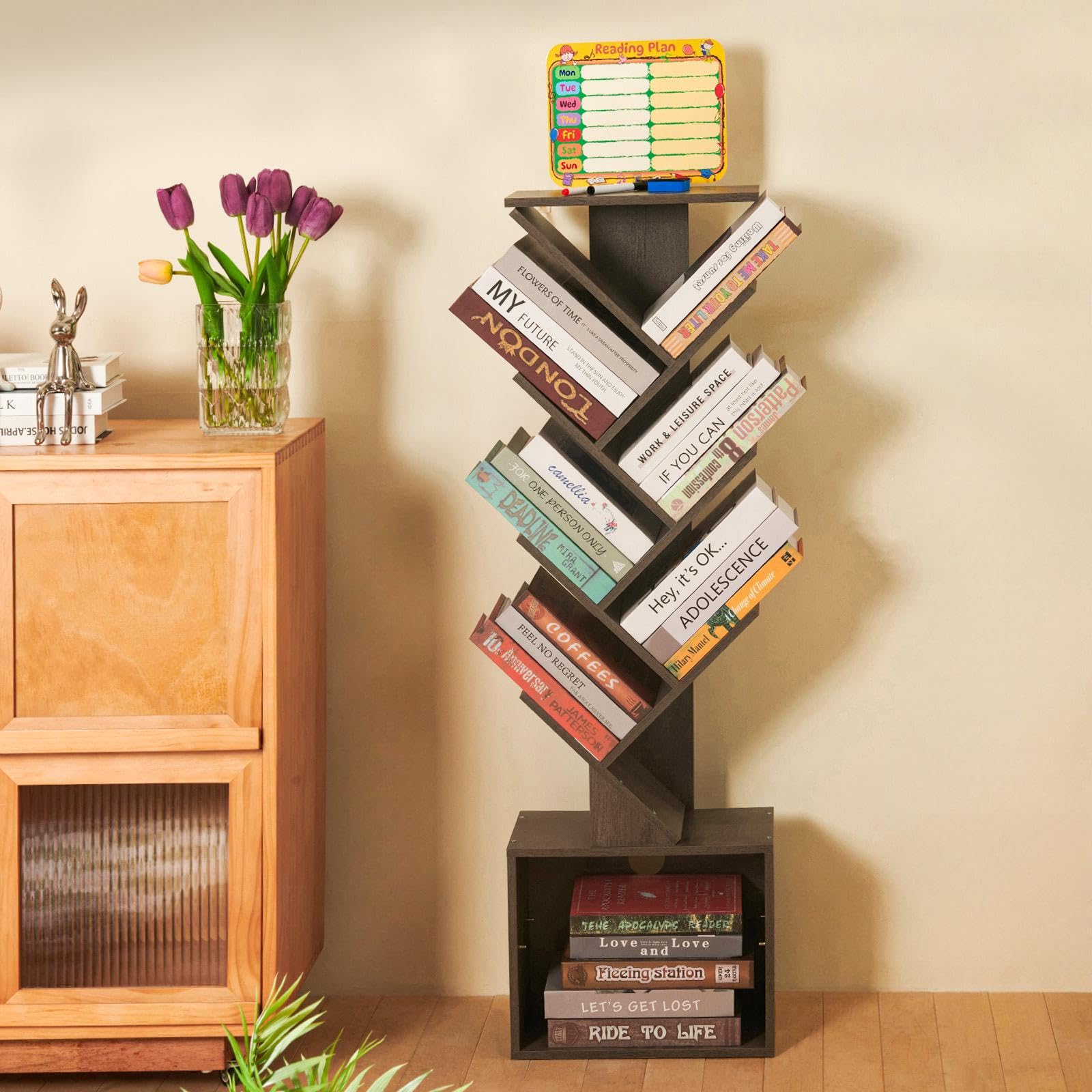 7 Tier Tree Book shelf, Small Bookcase with Reading Planner and Activity Panel, Modern Floor Standing Corner Tall Narrow Storage Cabinet Bookshelves