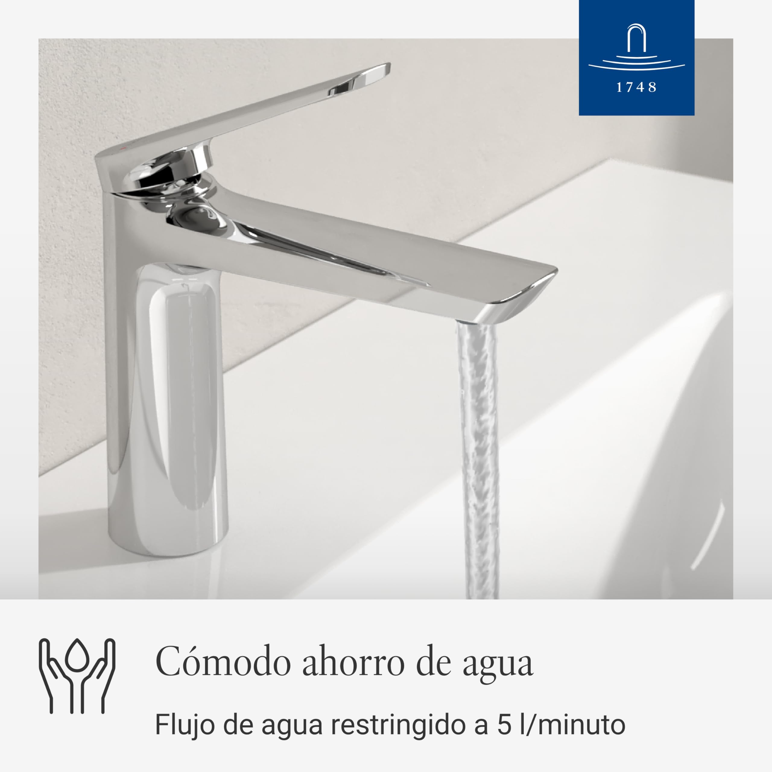 Villeroy & Boch Oasis grifo de lavabo sin mecanismo de desagüe - Grifo de bajo consumo con cartucho cerámico - Grifo de baño - Altura de caño de 114 mm - Grifo redondo cromado | Sin residuos emergentes, ahorro de agua, cartucho de cerámica, diseño redondo