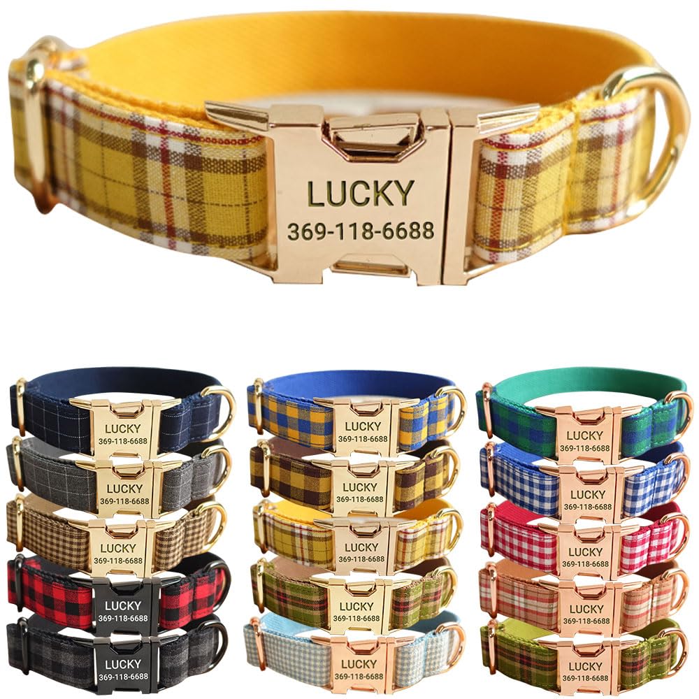 PETDURO Personalized Plaid Dog Collar Lemon Yellow with Name and Phone | Heavy-Duty Engra…