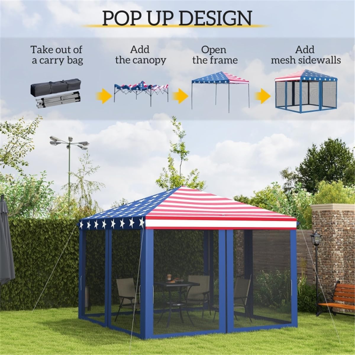 Pop Up Canopy Tent with 4 Mesh Netting Side Walls, Adjustable Height, Carrying Bag, Outdoor Canopy with 100 Square Feet of Shade for Parties, Outdoor, Garden, Patio, Easy to Assemble, American Flag