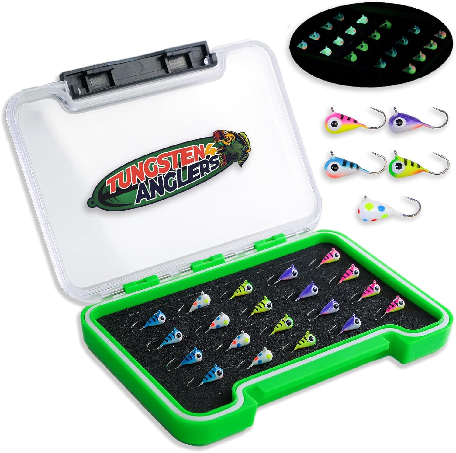 Tungsten 4 Anglers-97% Pure Tungsten Assorted Ice Jigs Set with 5mm 1/16oz #12 | 20 Pcs with Waterproof Case |Tear Drop Fishing Lures for Perch, Sunfish, Blue Gill, Lake Herring, White Fish, Walleye