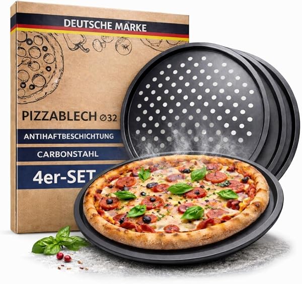 TOPANBIETER 999 Lot de 4 plaques à pizza Ø 32 cm - Plaque ronde perforée pour pizza et tarte flambée en acier - Revêtement antiadhésif - Résistant à la chaleur jusqu'à 250° - Anthracite - 1