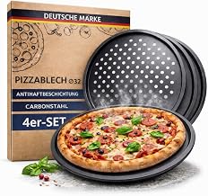 Set of 4 pizza plates, diameter 32 cm, round, perforated for pizza and tarte flambée made of steel, non-stick coating, heat resistant up to 250 degrees, anthracite