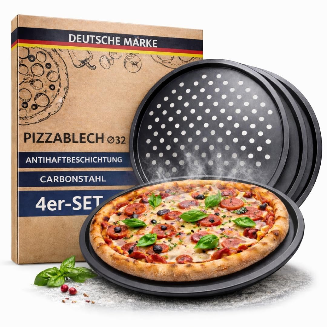 Lot de 4 plaques à pizza Ø 32 cm - Plaque ronde perforée pour pizza et tarte flambée en acier - Revêtement antiadhésif - Résistant à la chaleur jusqu'à 250° - Anthracite