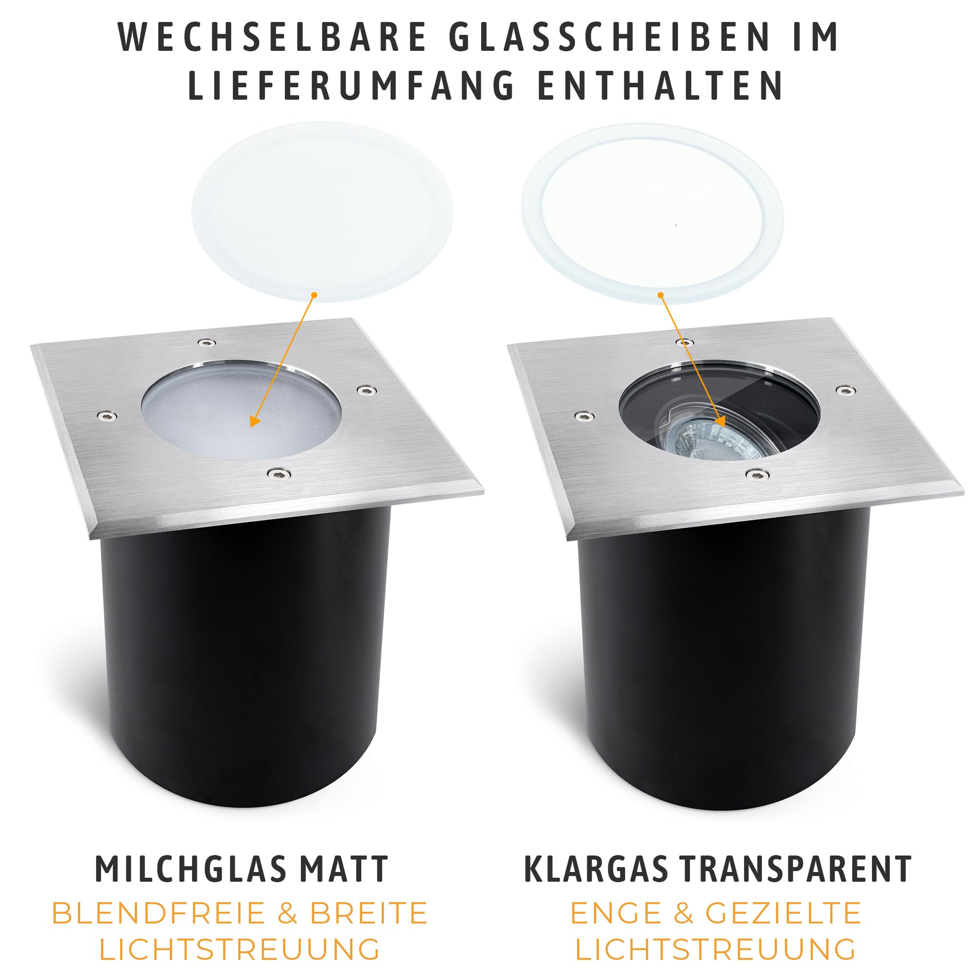 SSC-LUXon 4 Stück JUAVI Bodeneinbaustrahler schwenkbar quadratisch IP67 für 1x GU10 - Bodenspot befahrbar (ohne Leuchtmittel)