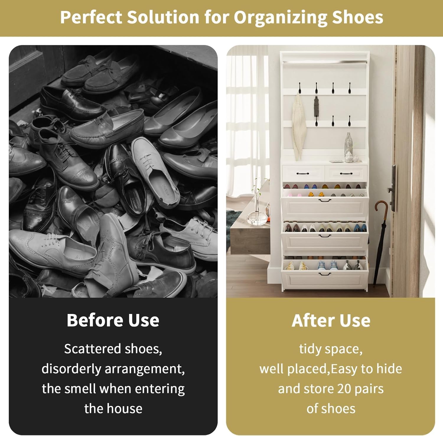 UZUGUL Large Shoe Cabinet for Entryway,Slim Hidden Shoe Storage Cabinet with 3 Flip Deep Drawers,2 Storage Drawers,and 8 Hooks,Shoe Rack Cabinet,Narrow Shoe Orginazer Cabinet