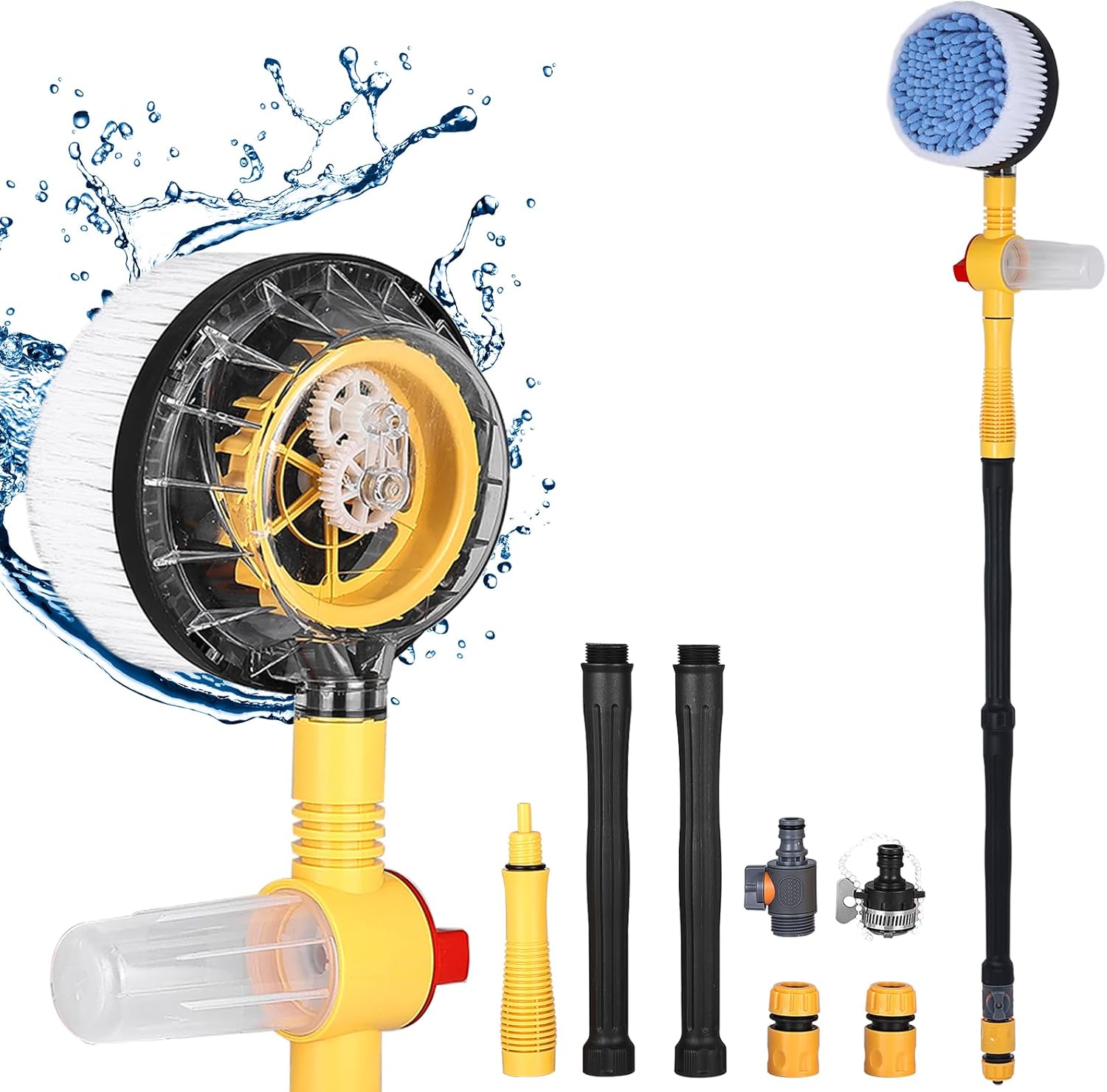 Toolly Car Wash Brush Cleaning Kit, 360° Spin Car Mop, Microfiber Rotating Car Cleaning Brush, Detachable & Extendable Scrub Brush, Garden Hose Spray Nozzle Spray Gun for Cars, Yards, Garden, Pets