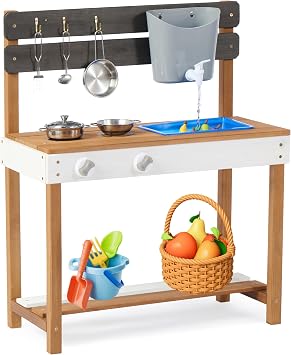 Kids Wooden Play Kitchen, Outdoor Mud Kitchen with Water Play Set and Cooking Toys, Backyard Play for 3+ Years Kid