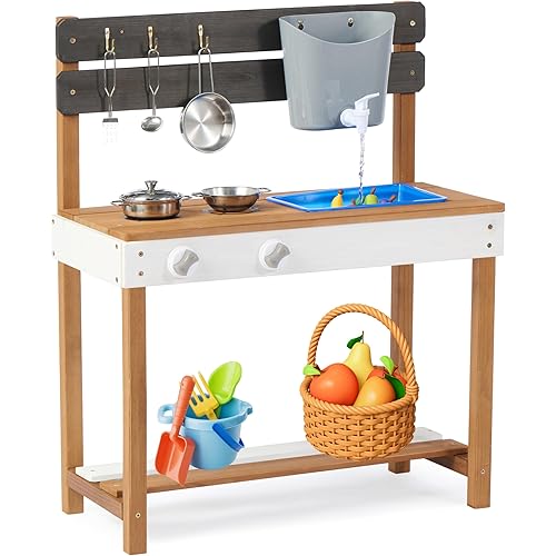 Kid's Wooden Play Kitchen, Outdoor Mud Kitchen with Water Play Set and Cooking Toys, Backyard Play for 3+ Years Kid
