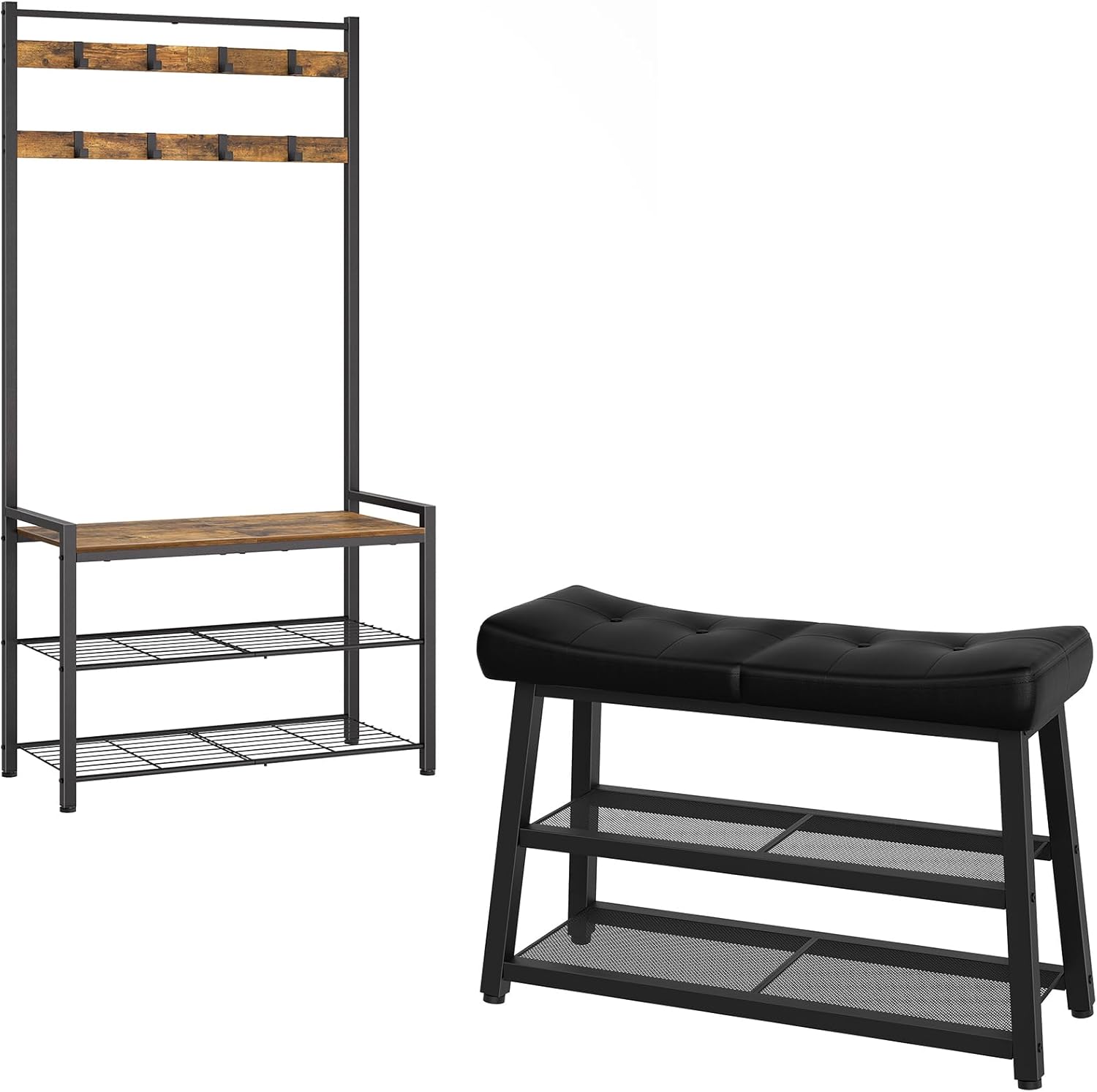 Hall Tree and Shoe Bench Bundle, Coat Rack with Shoe Bench, 3-Tier Shoe Rack, for Entryway, Hallway, Rustic Brown and Black MT01BR-HX02BB