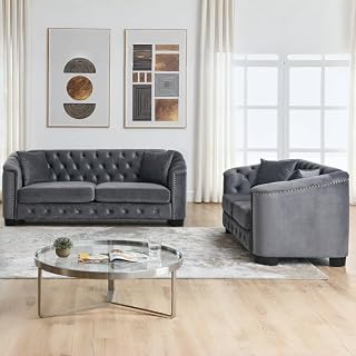 KEIKI 77"+59" Chesterfield Sofa, 3+2 Seater Velvet Couch with Nailhead Arms, Tufted Backrests, 4 Cushions for Living Room Bedroom Office Apartment, Gray