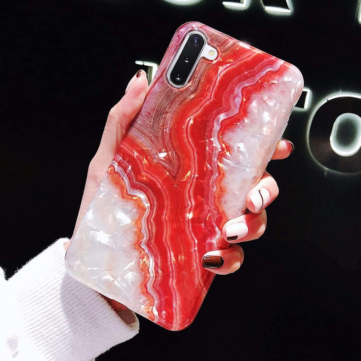 J.west Galaxy Note 10 Case 6.3 inch, Luxury Sparkle Translucent Marble Design Print Pearly Pattern Slim Soft Silicone Phone Case Cover Women Girls for Samsung Galaxy Note 10 Red Agate Slice