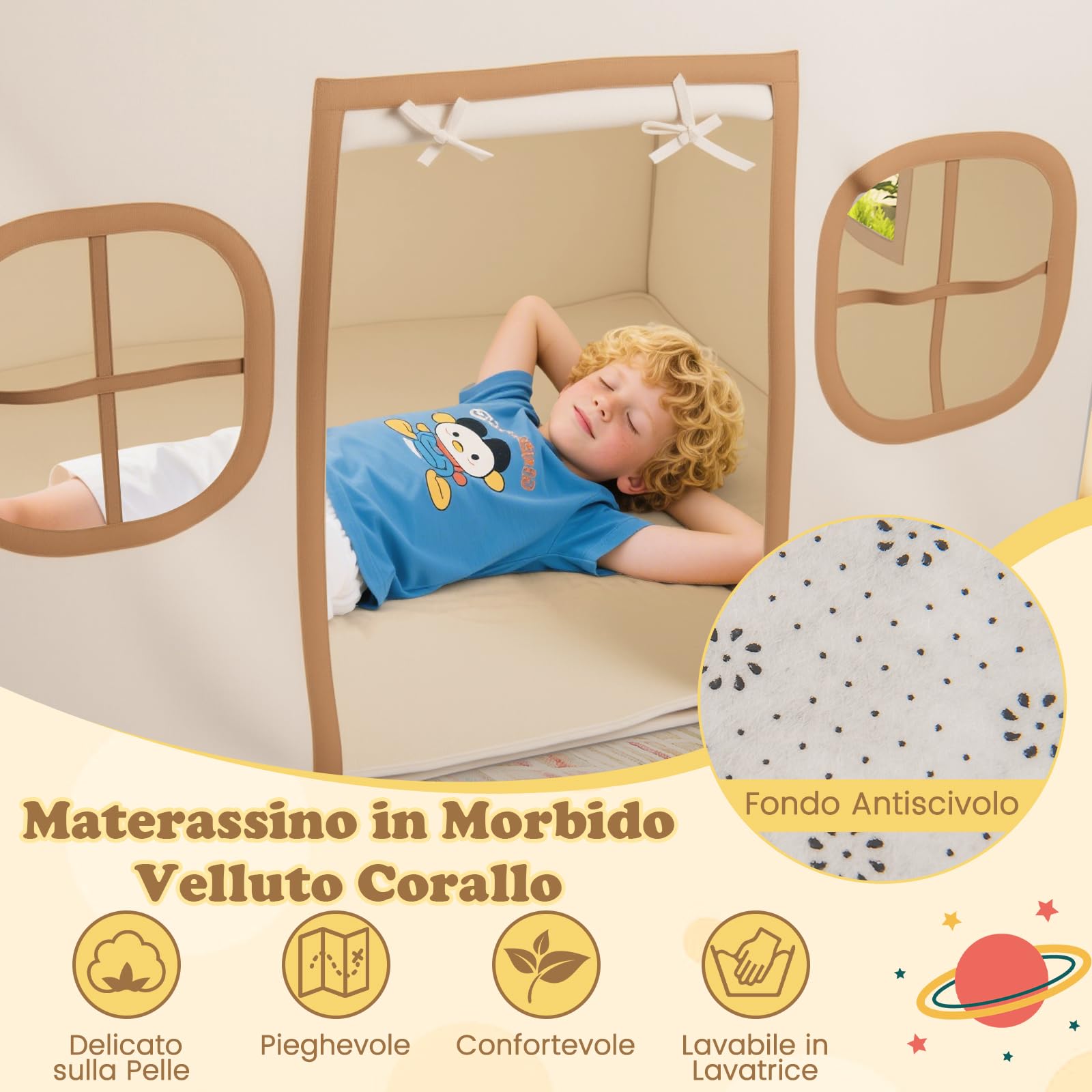 RELAX4LIFE Tienda de Juego con Forma de Casita para Niños, Casita Infantil Plegable con Luces Brillantes, 4 Ventanas Ventiladas, Colchón Suave de Algodón para Exterior e Interior (Café)
