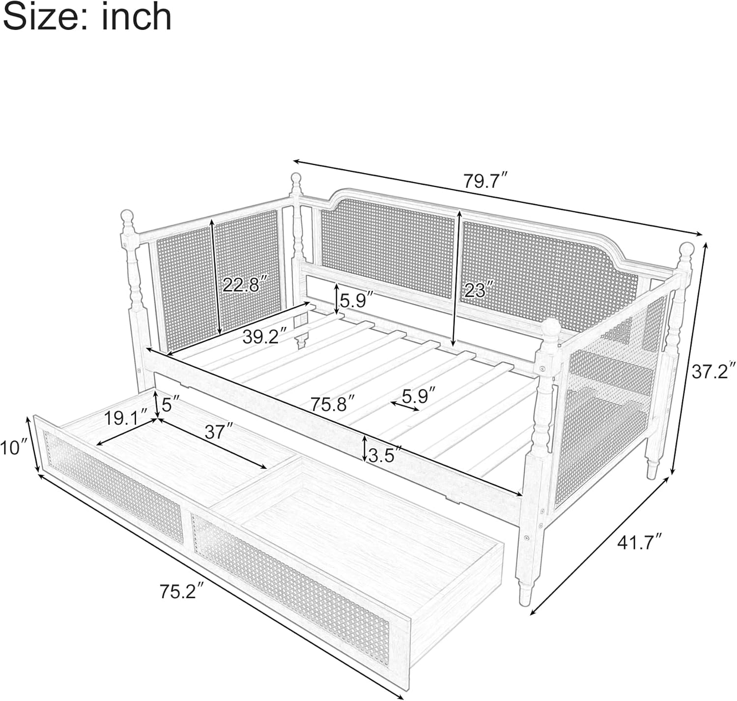 SOFTSEA Twin Rattan Daybed with Drawers, Traditional Daybed with 2 Storage Drawers, Wooden Day Bed Frame for Living Room Bedroom, No Box Spring Needed, Easy Assembly, Antique White