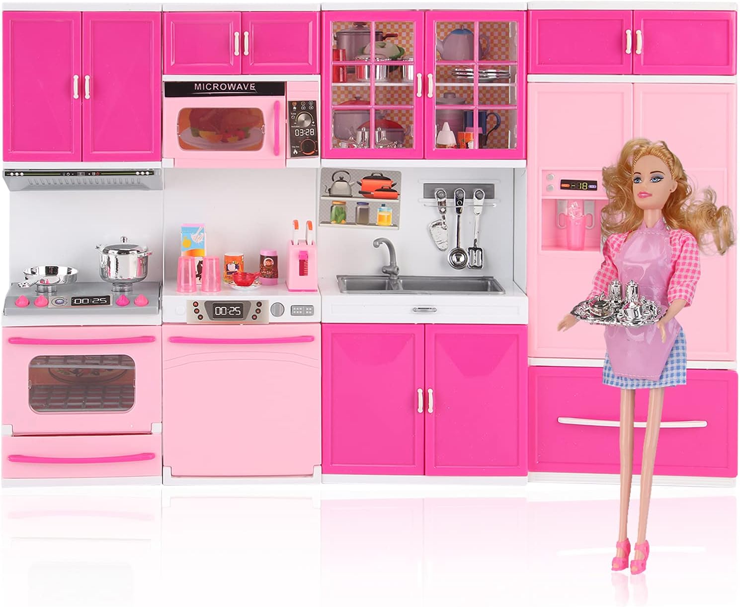 Deluxe My Modern Kitchen Mini Playset with Doll | Pink Kitchen Toys Pretend Play House Appliance Set & Accessories w/ Lights & Sound for Girls, Perfect for 11-12" Dolls