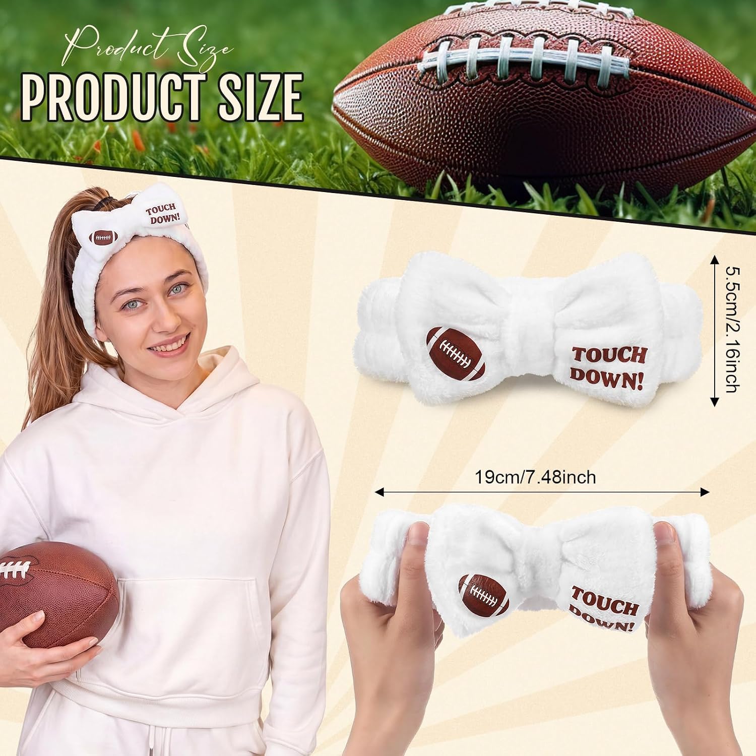 Zeyune 12 Pcs Makeup Headbands with Removable Bow, Sport Hairbands for Women, Hair Band for Washing Face, Team Uniform, Cheerleading, Sport Themed Party Favors & Gifts(Football,White)