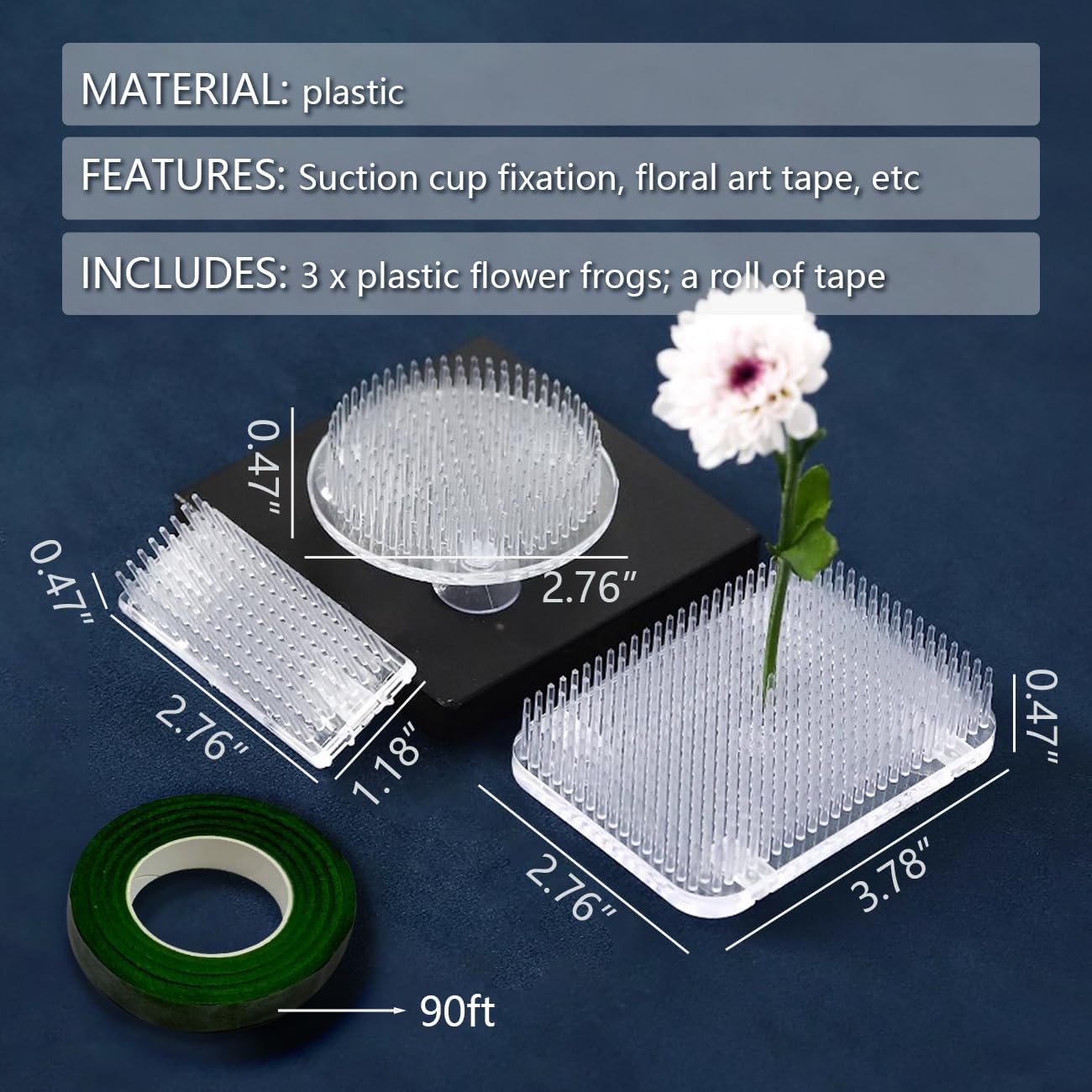 EHERDM 3Pcs Plastic Flower Frogs Circular and Rectangular Shapes Pin Holders with Floral Tape Clear Suction Cup Bouquet Frog Flowers Arrangement Art Stem Wrap Craft Decor