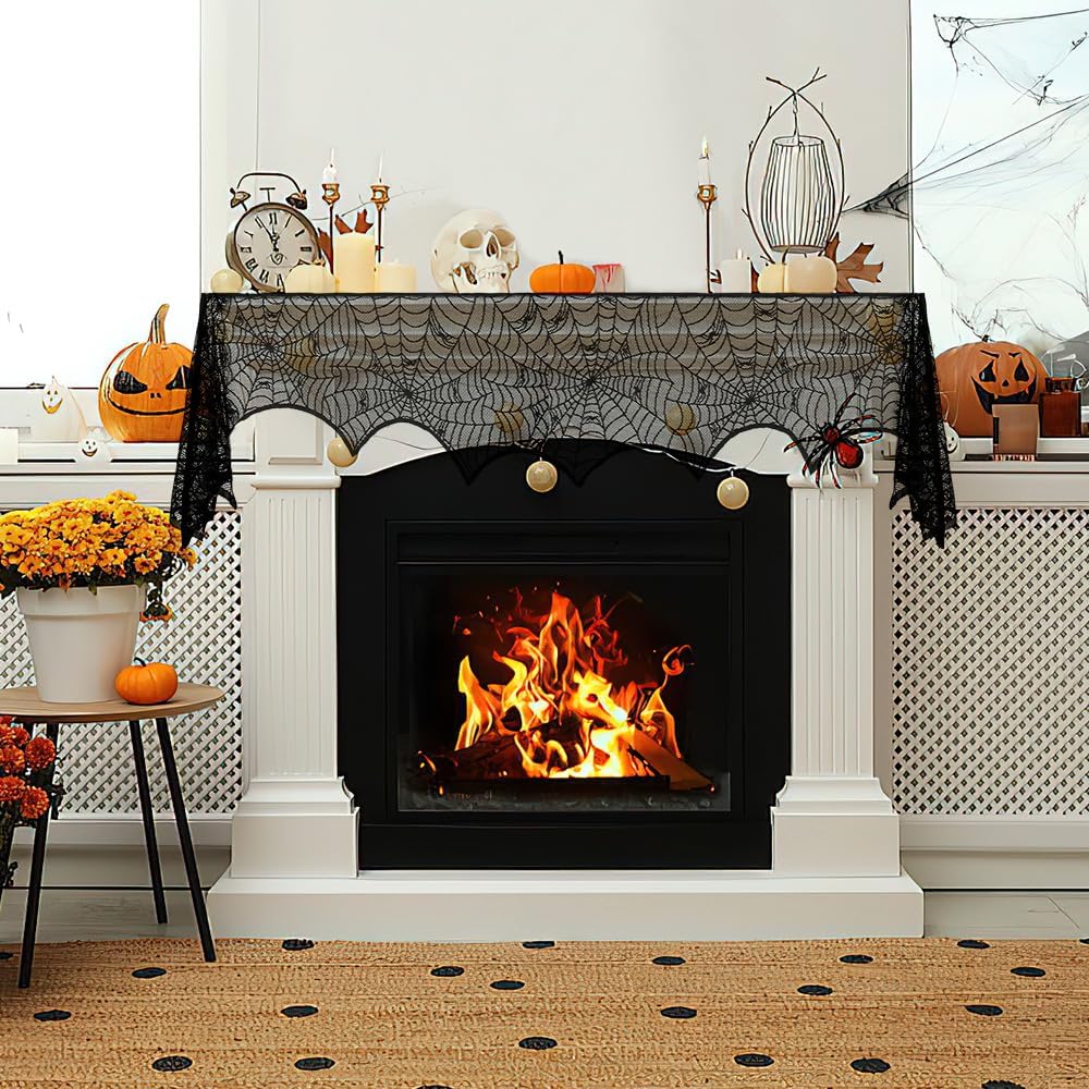 Halloween Decorations Indoor Halloween Fireplace Decor Black Lace Spider Webs Halloween Mantel Decor Halloween Fireplace Cloth Halloween Garland Indoor Halloween Window Decorations Halloween Decor