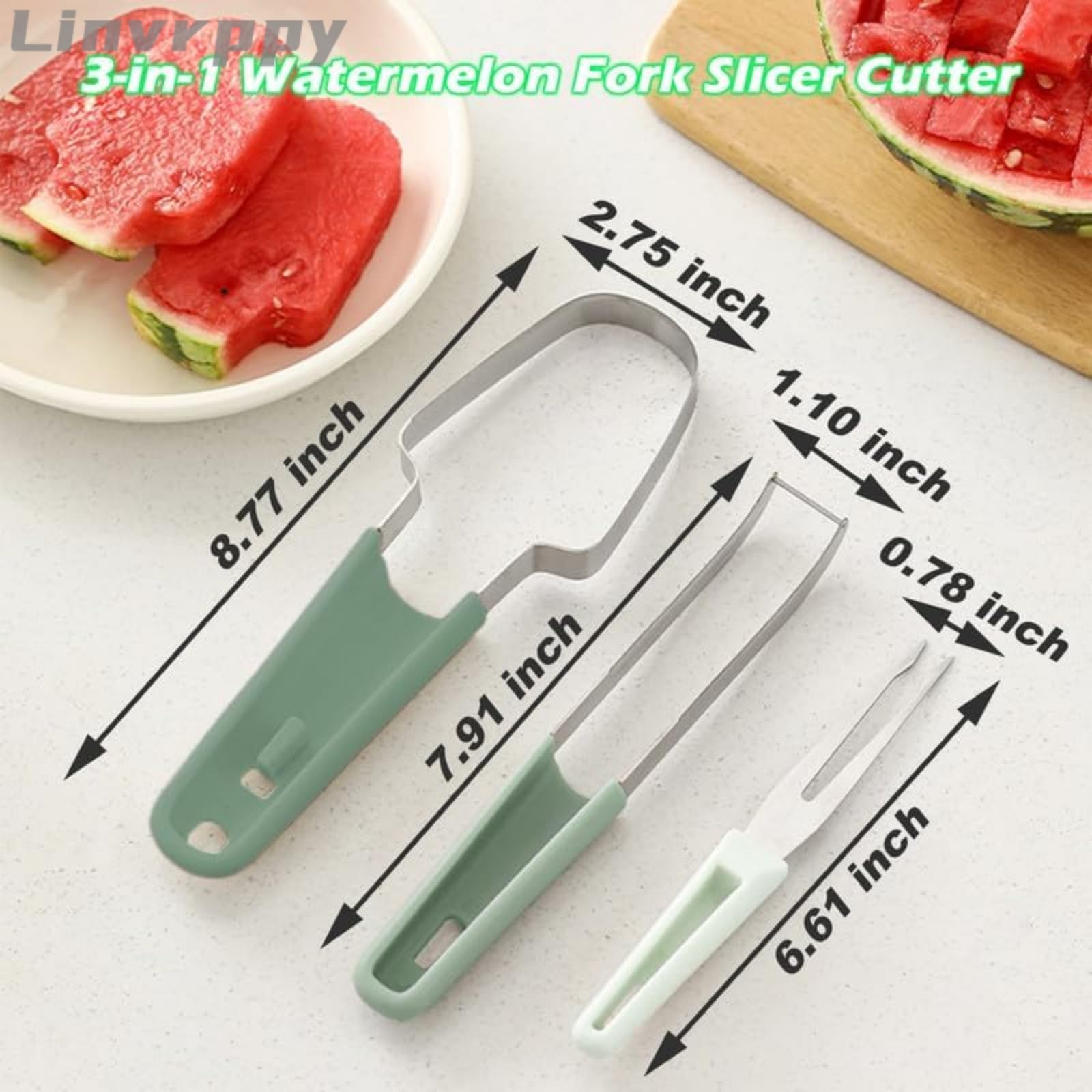 Linvrppy 3-in-1 Watermelon Fork Slicer Cutter, 2024 New Stainless Steel Watermelon Popsicle Cutter Slicer Tool, Quickly Watermelon Fork Fruit Cutting Tool Fruit Cutter for Camping Kitchen Gadgets
