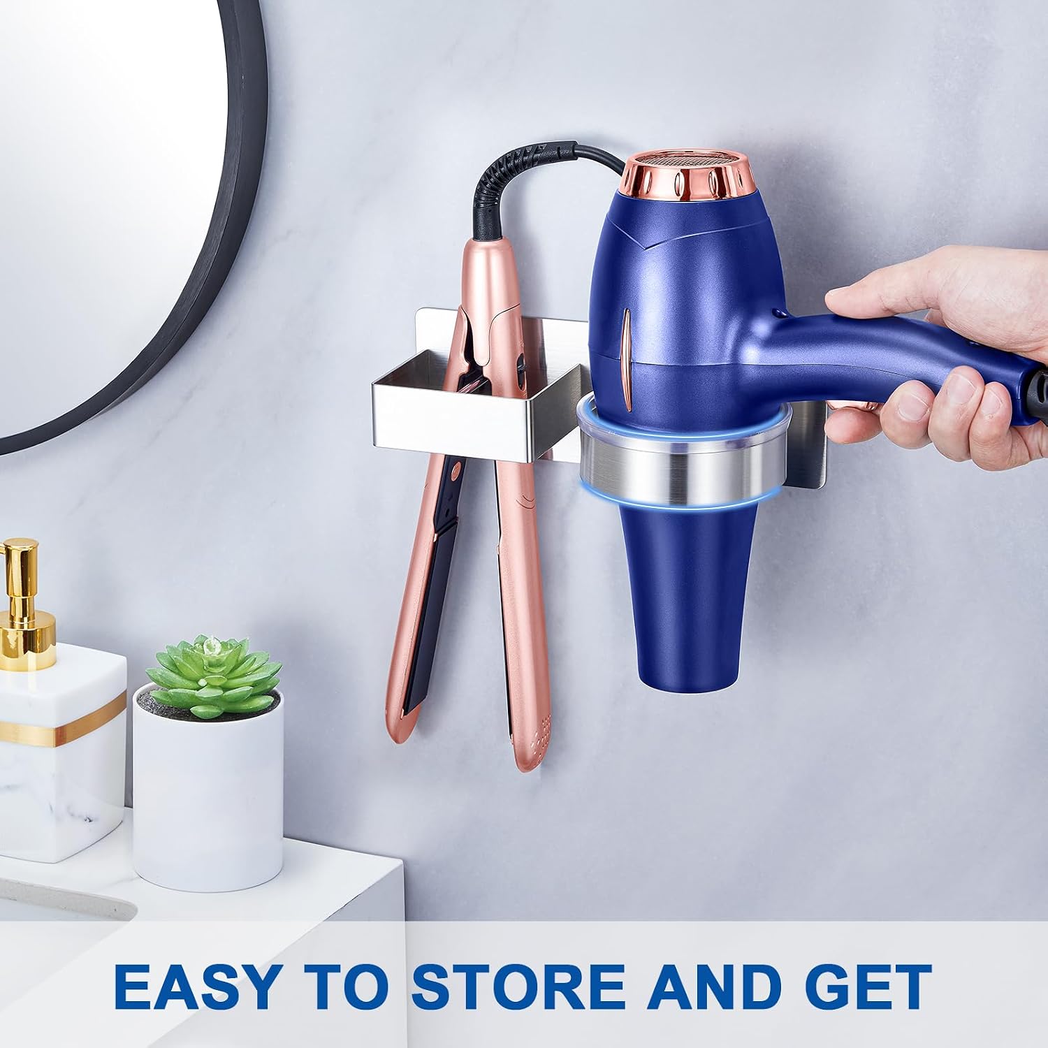 Hair Dryer Holder Blow Dryer Holder Wall Mounted, Adhesive Hair Straightener Holder, Hair Tool Organizer for Curling Iron Holder, Metal Hairdryer Holder Storage Organizer for Bathroom Vanity,Silver