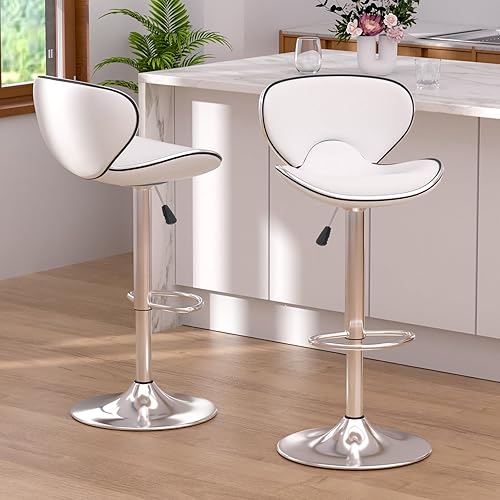 Bar Stools Set of 2, Adjustable Swivel Barstools for Kitchen Counter, Modern PU Leather Counter Height Bar Chair with Back and Footrest for Kitchen Island Dining Room Café Pub (Pearl White)