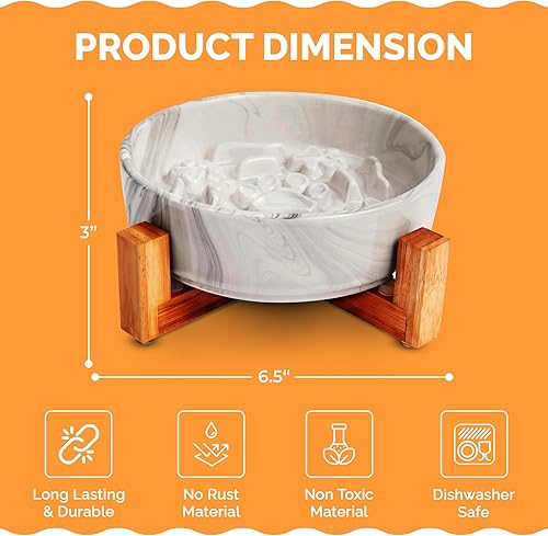 Miniatura 5 de Cuenco de alimentación lenta para gatos, cuenco elevado de cerámica para gatos con soporte, base antideslizante, doble respaldo, comedero lento para