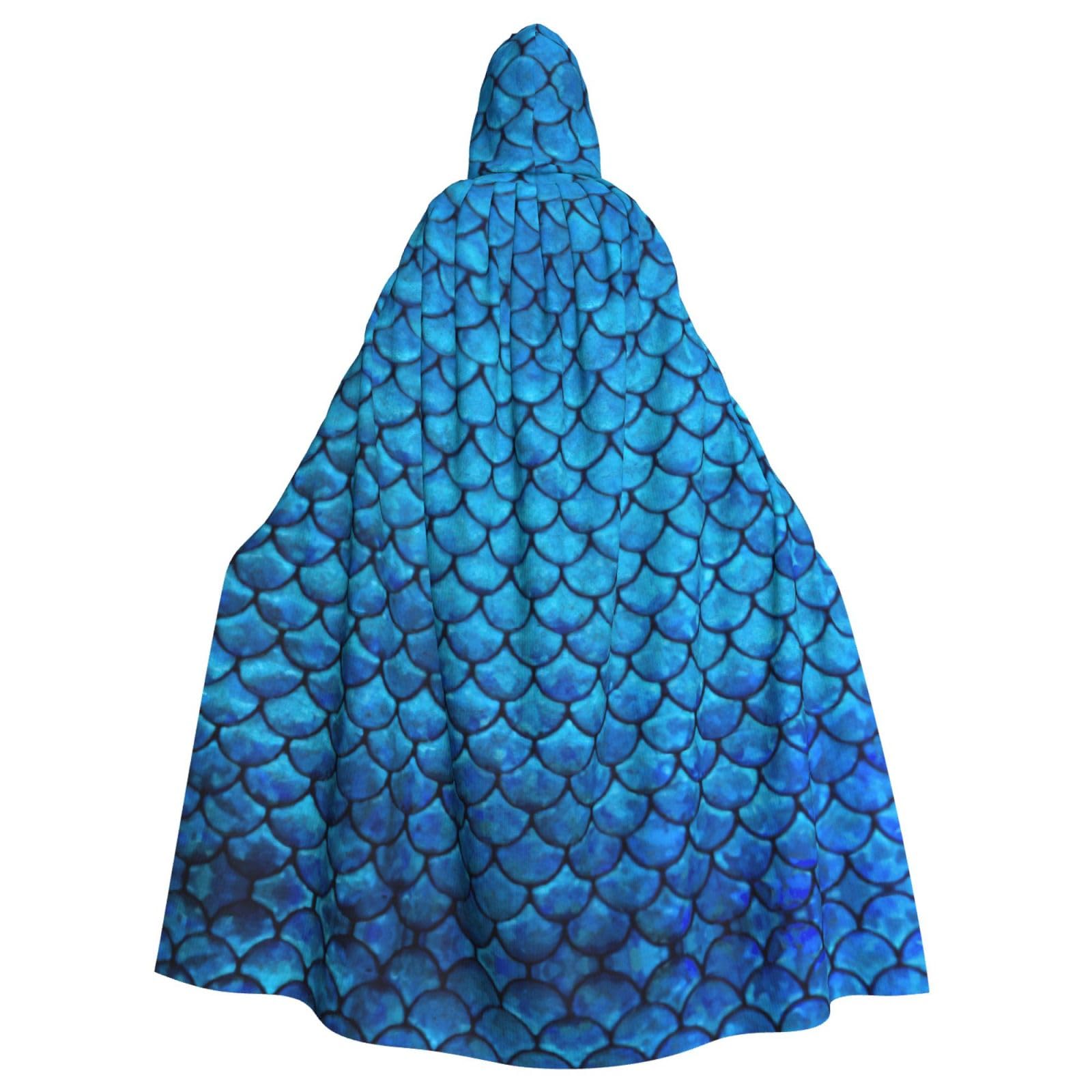 Cape médiévale à capuche bleue imprimé écailles pour cosplay et GN - 8