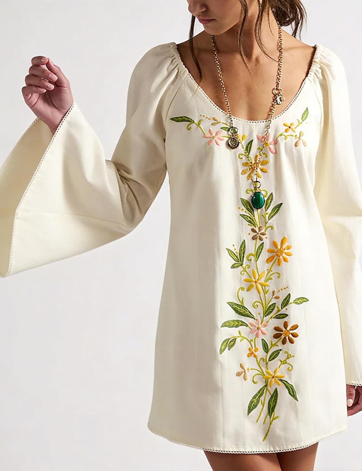 Women's Boho Embroidery Crewneck Mini Dress - Casual Long Sleeve Babydoll Swing Dress Summer Beach Cover Up