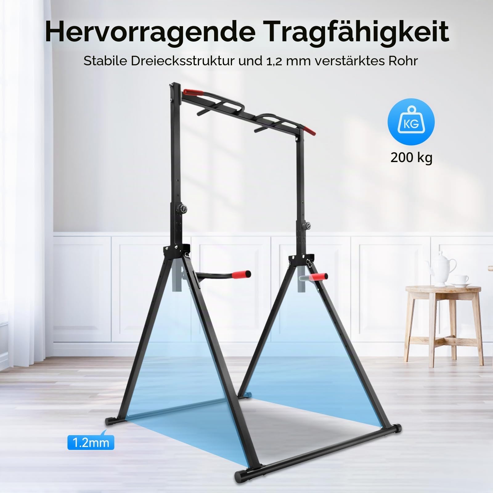 Power Tower Dip Station Faltbar & Höhenverstellbar - Freistehende Klimmzugstange bis 200kg - Multifunktionales Home Gym Krafttraining für Zuhause, Fitnessstudio & Sportzentren