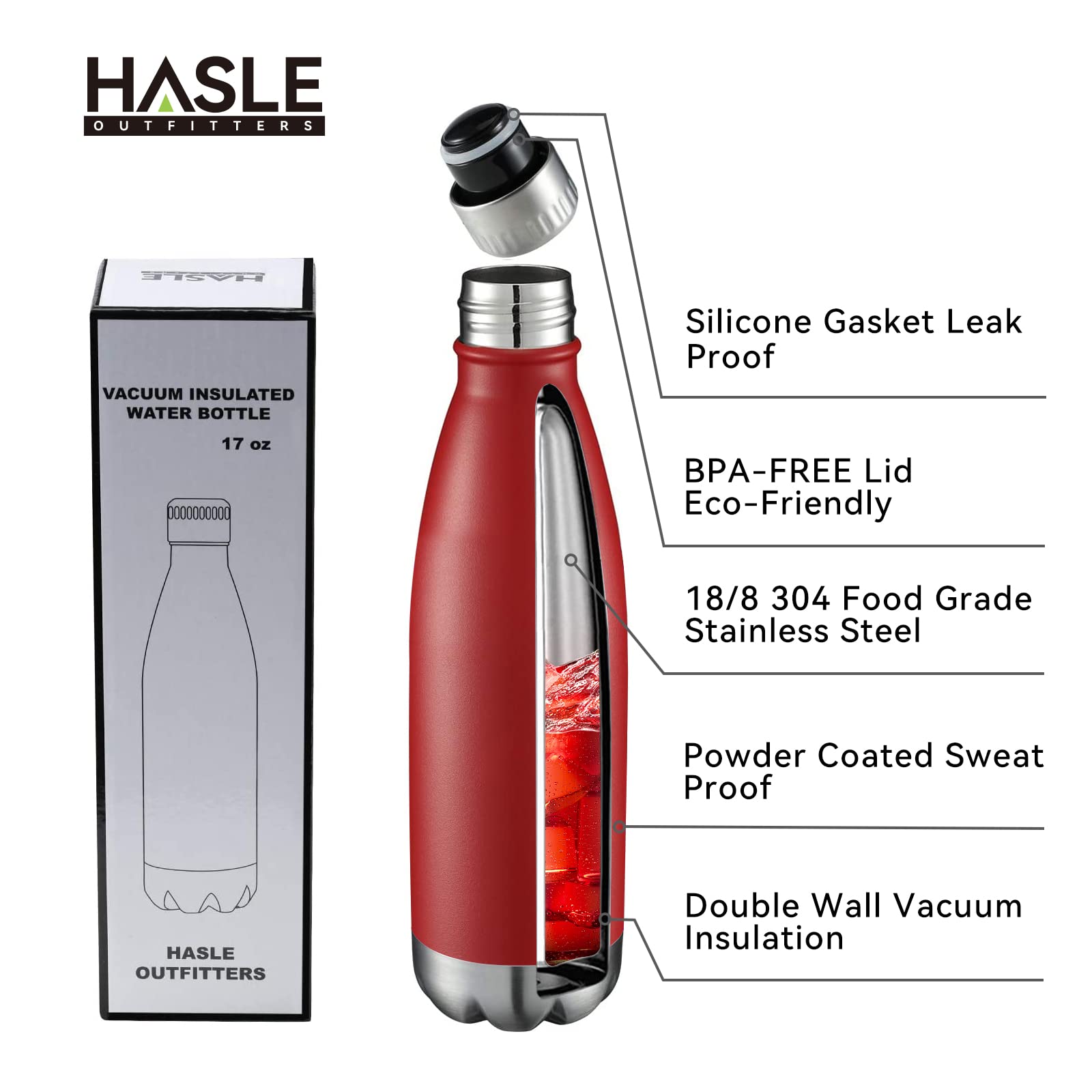 HASLE OUTFITTERS Botella de agua de acero inoxidable aislada al vacío de doble pared con tapa para deportes, viajes al aire libre a prueba de fugas