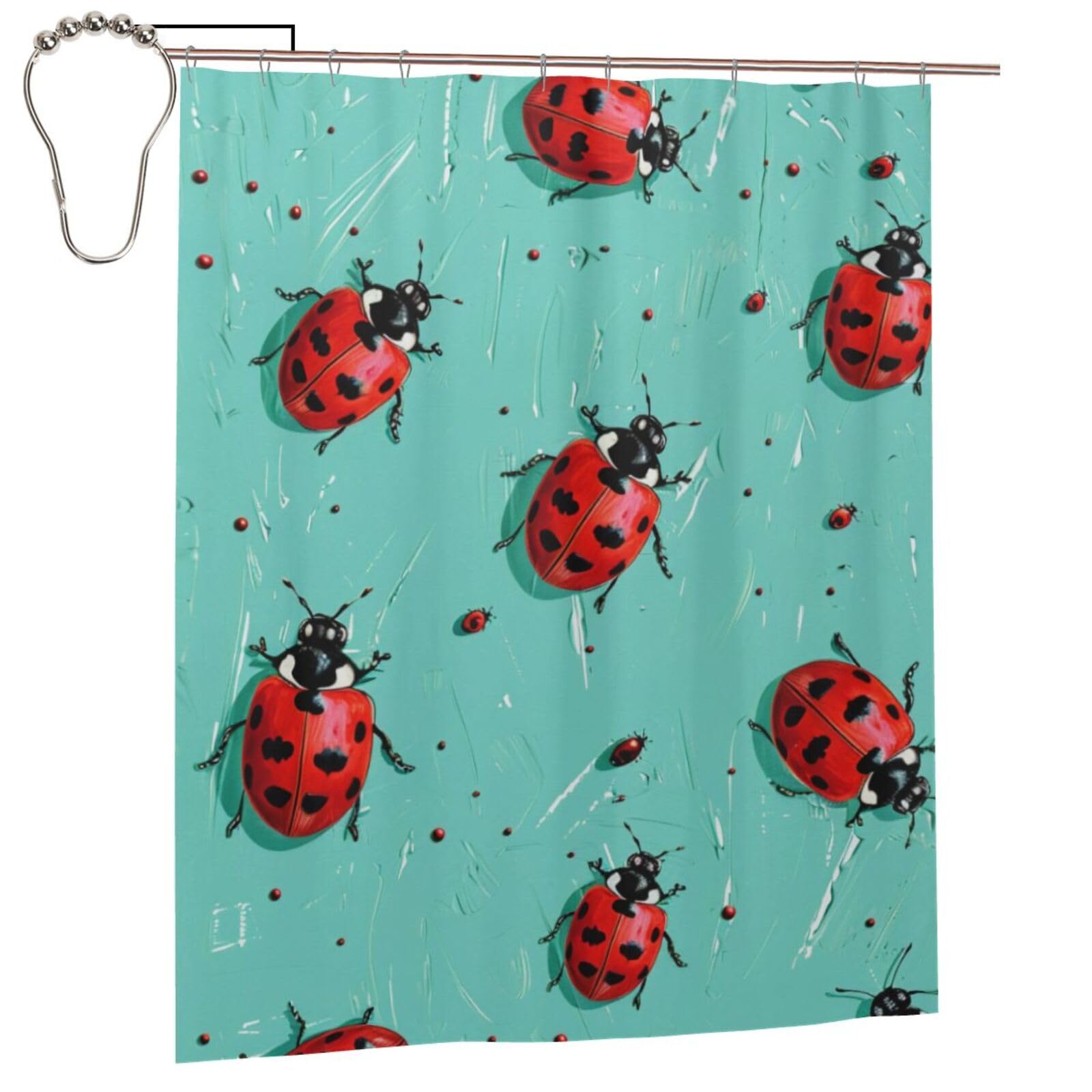BWWHCCTI Red Ladybugs On A Blue Background Printed Shower Curtain With 12 Iron Hooks Opaque Quick Drying Waterproof Shower Curtains Sets For Bathroom 152x183 Cm