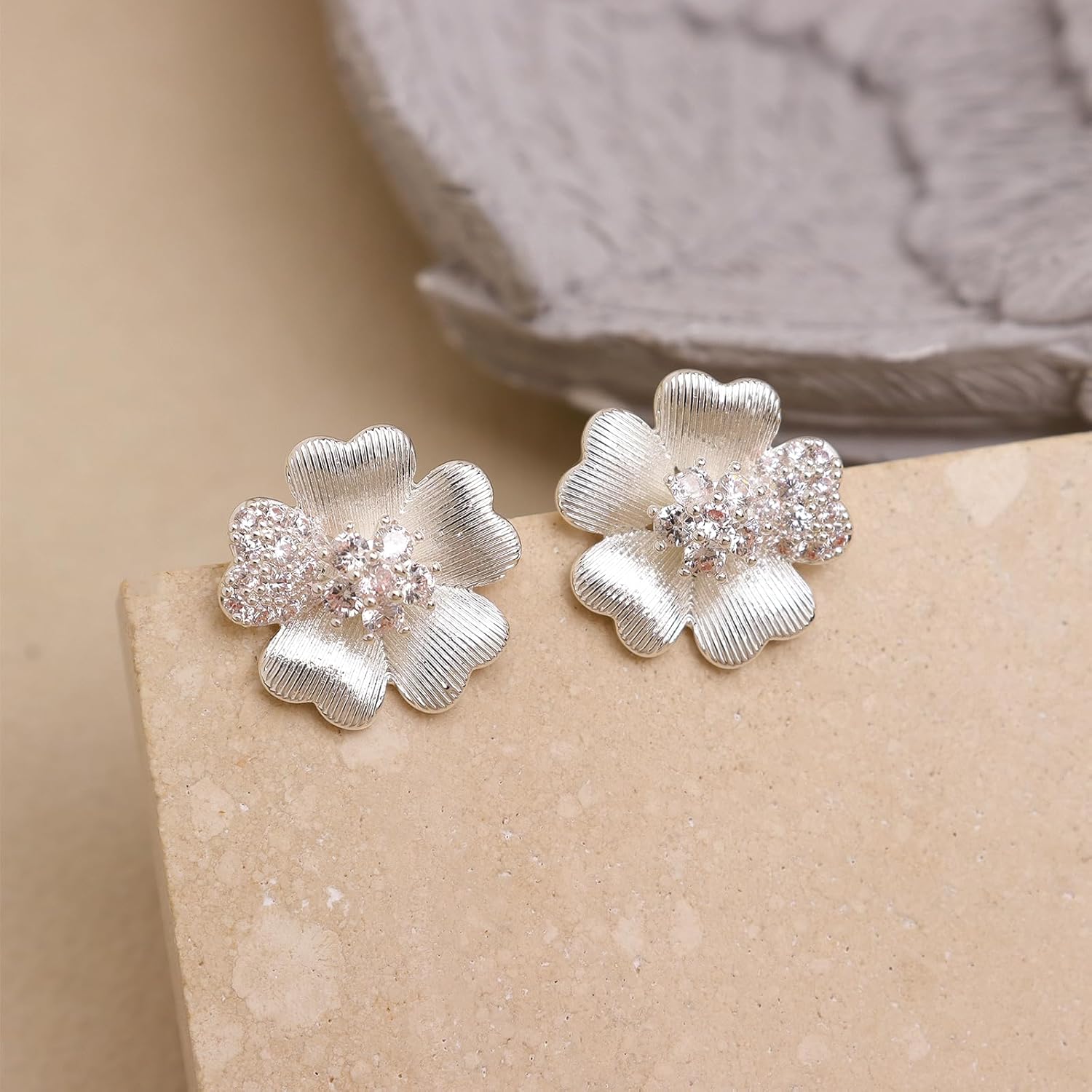 Jean Beau Heart Flower Leaf Sparkle Stud Earrings for Women, Trendy Statement Cluster CZ Earing Gold Plated Sterling Silver Wedding Prom Birthday Fashion Jewelry Gift - Image 4