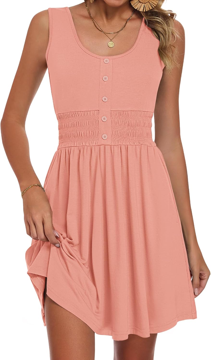 AUSELILY Women’s Button Down Sleeveless Dress Elastic Empire Waist Smocked Mini Dresses 2026 New