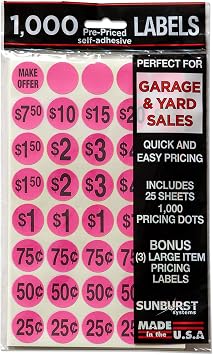 Sunburst Systems 7035 Priced Garage Sale Stickers, 1,000 Count Pre-Printed Labels, Pink