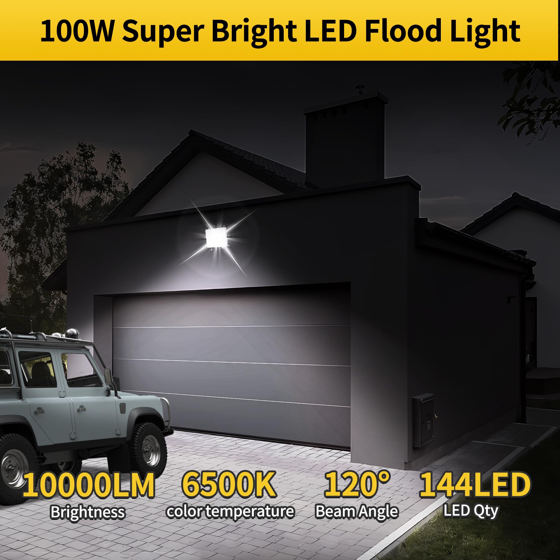 Foco LED Exterior 100W, IP66 Impermeable,10000LM,6500K Luz Blanca Fría,Con enchufe UE para Jardín, Patios, Parking, Hotel, Naves Etc