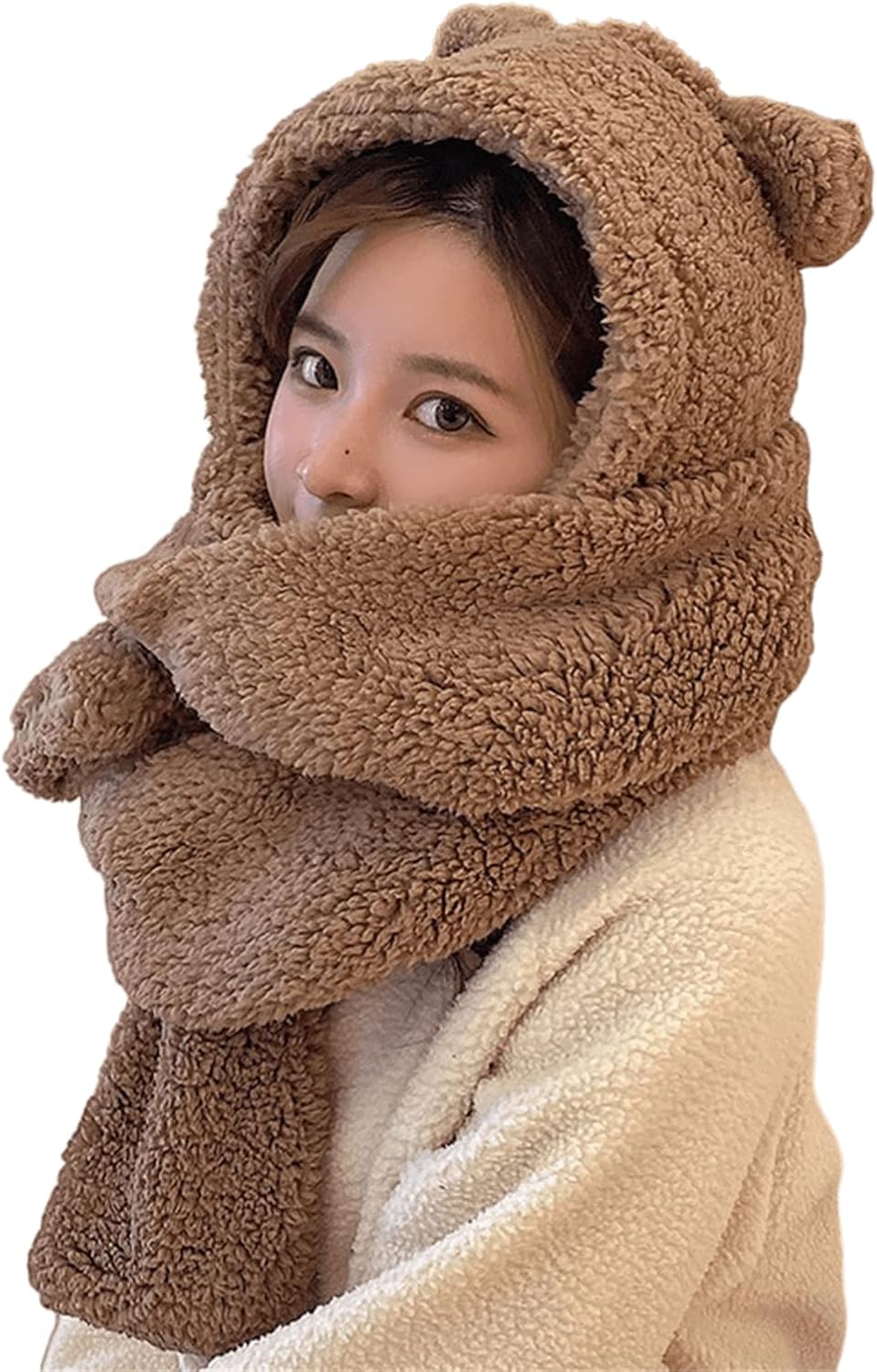 Women Kawaii Bear Ear Beanie Hat Scarf 2 in 1 - Cute Winter Warm Sherpa Thicken Fleece Fuzzy Japanese Fluffy Knit Hat Cap