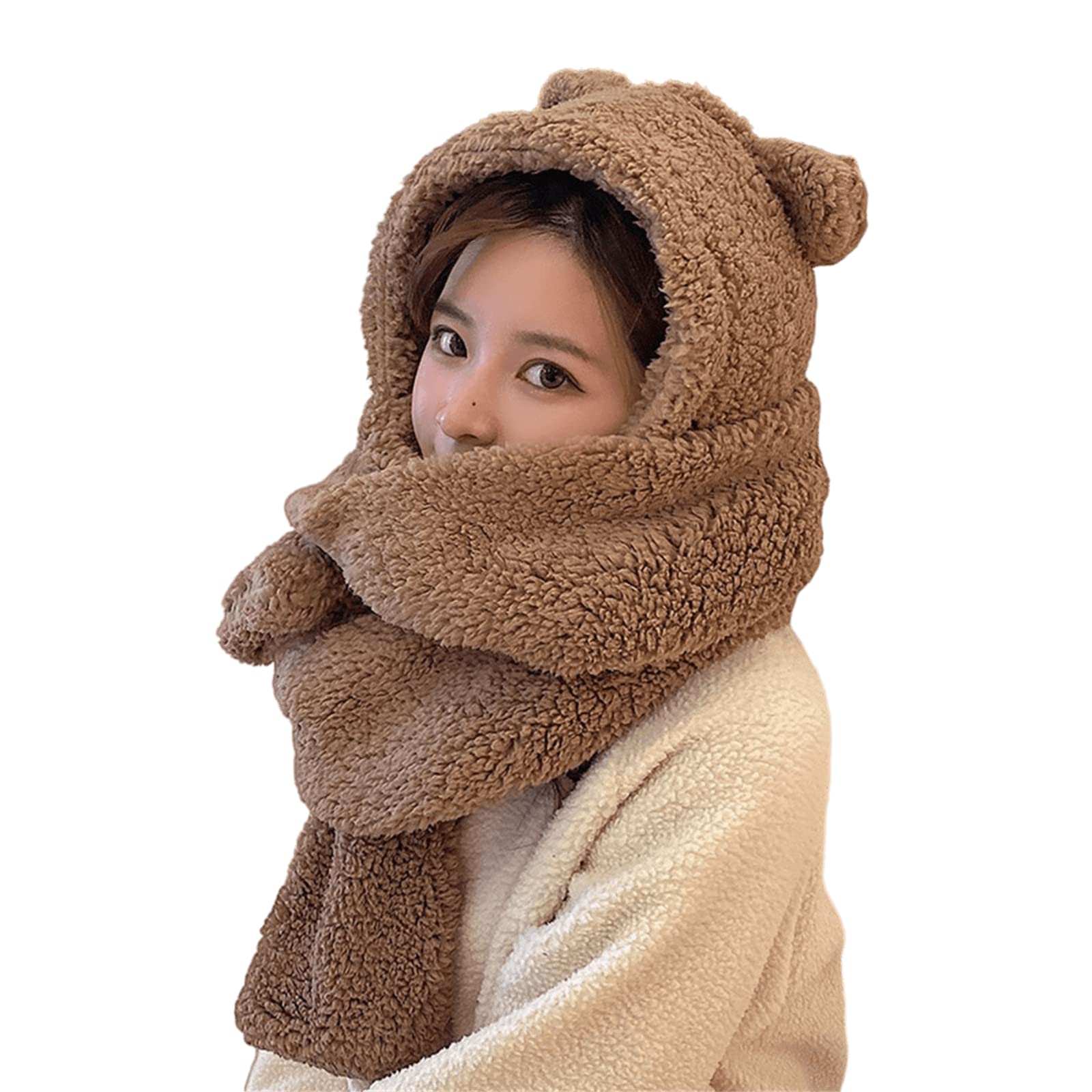 Women Kawaii Bear Ear Beanie Hat Scarf 2 in 1 - Cute Winter Warm Sherpa Thicken Fleece Fuzzy Japanese Fluffy Knit Hat Cap (Coffee)