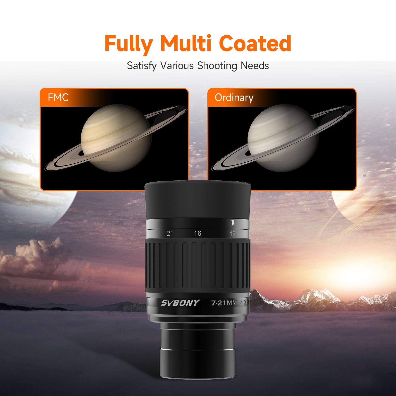 Svbony SV135 Oculaire de Télescope, Oculaire Zoom 1,25'' 7-21 mm pour Télescope, 52 Degrés FOV, Objectif de Télescope FMC 5 Éléments 3 groupes, Accessoires de Télescope d'observation Astronomique