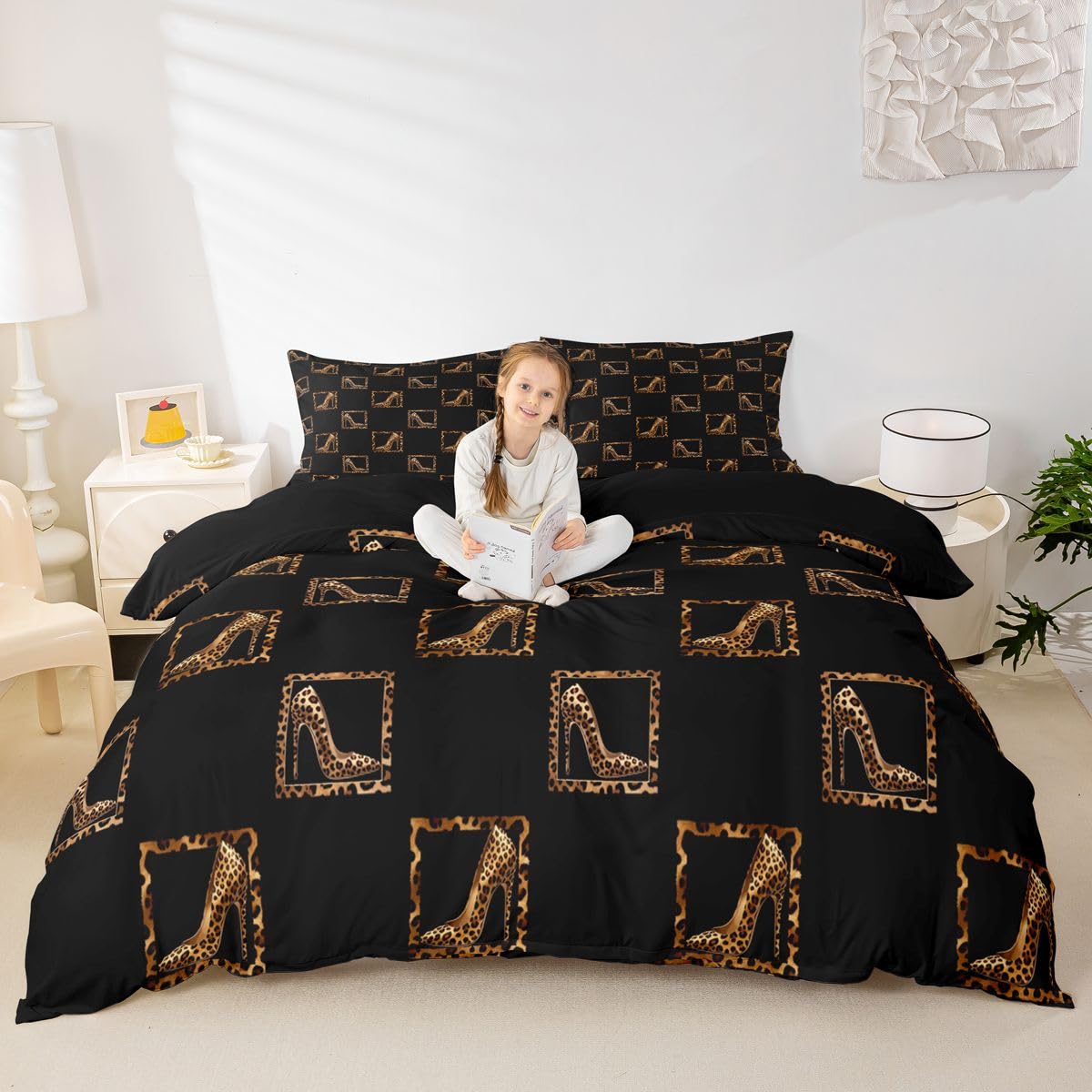 Homewish Leopard Print Super King poszewka na kołdrę nowoczesny nadruk zwierzęcy zestaw pościeli dla dorosłych nastolatków kobiet luksusowe urocze wysokie obcasy poszewka na kołdrę geometryczna siatka