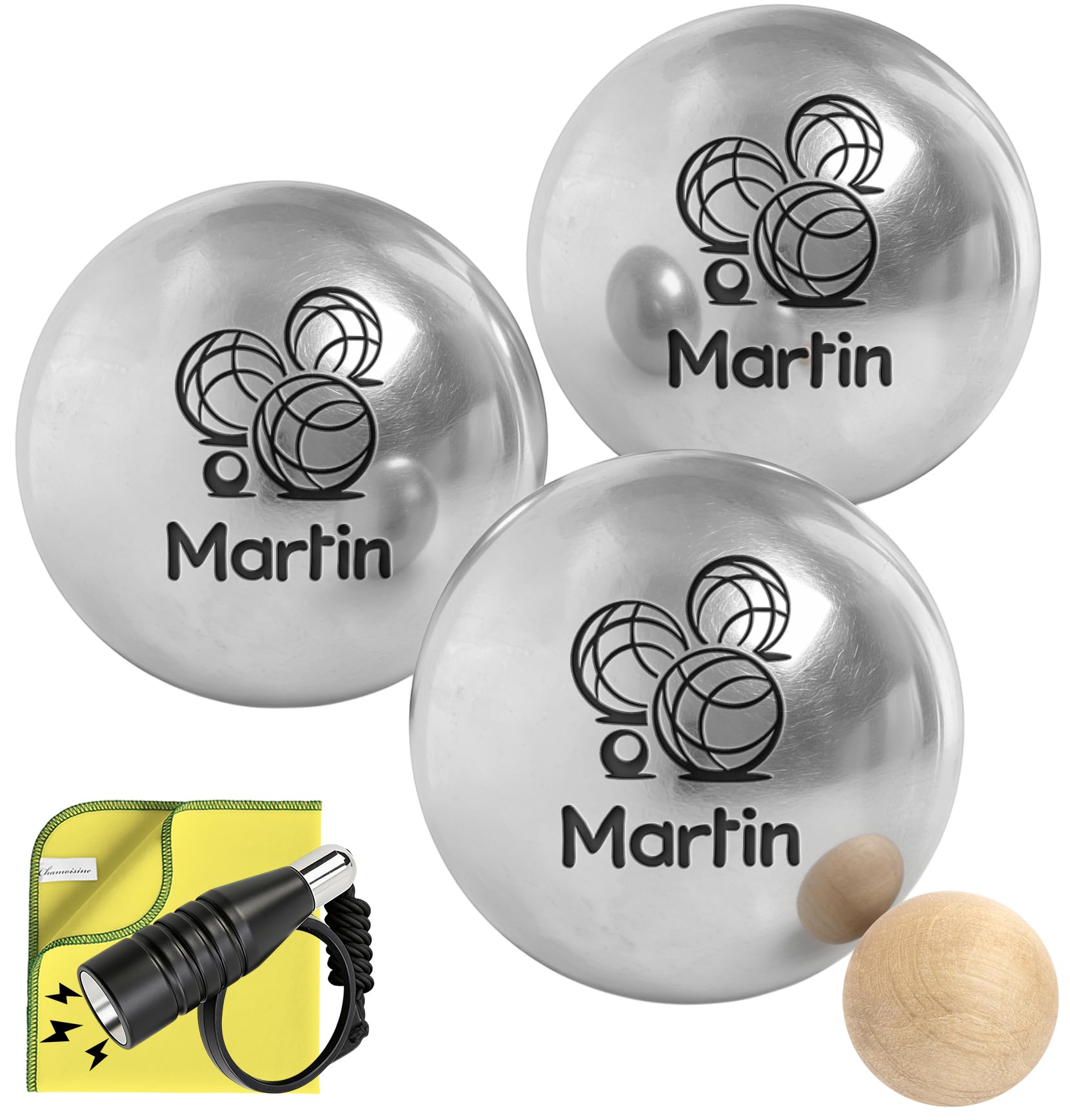 KDO MAGIC - Boule de pétanque personnalisée - Triplette 550g gravée - Pétanque Personnalisable - Lot de 3 Boules et 1 cochonnet - Idée Cadeau