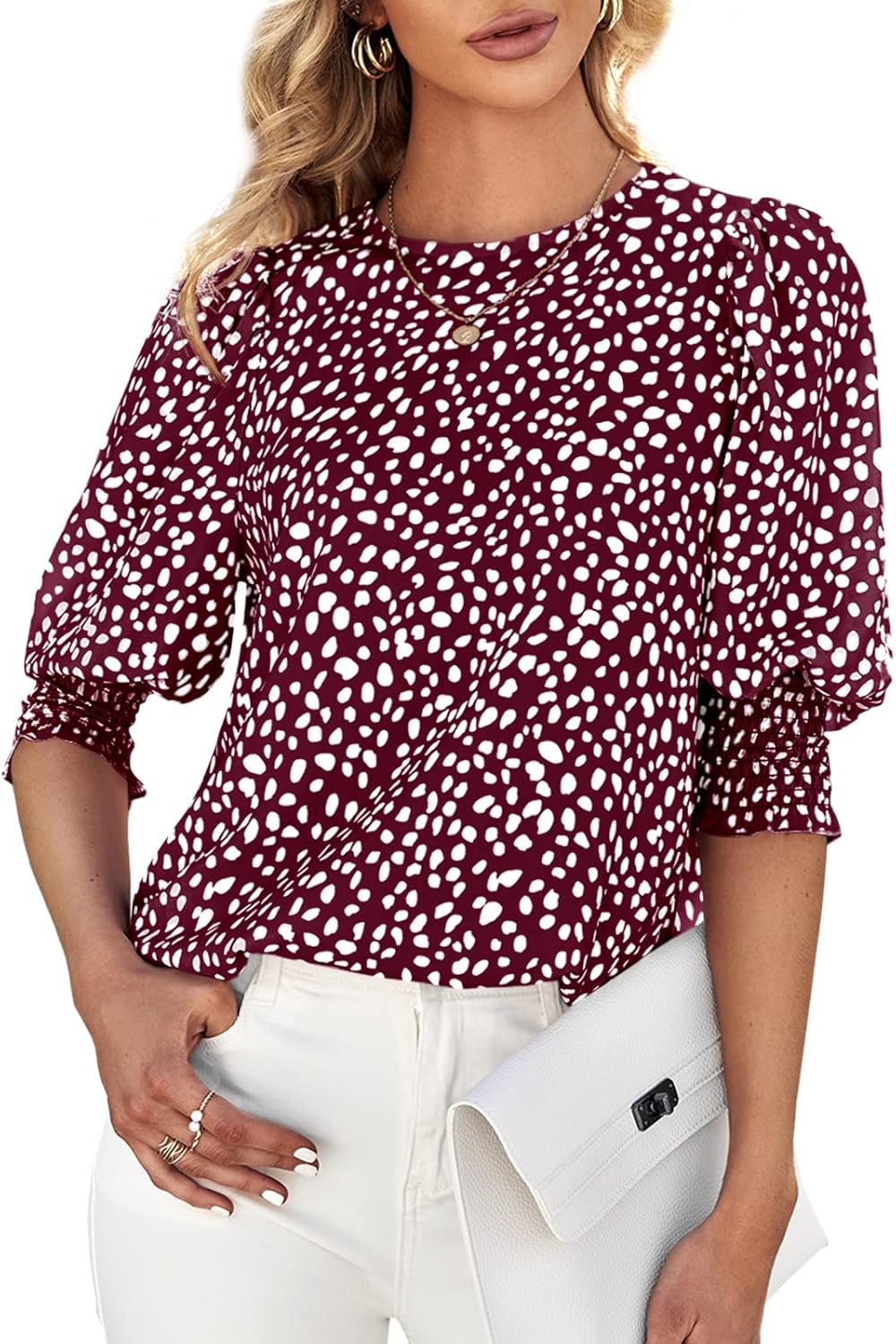Teurkia Women's Polka Dot 3/4 Sleeve Blouse Tops Ladies Casual Office Work Crew Neck T-Shirt