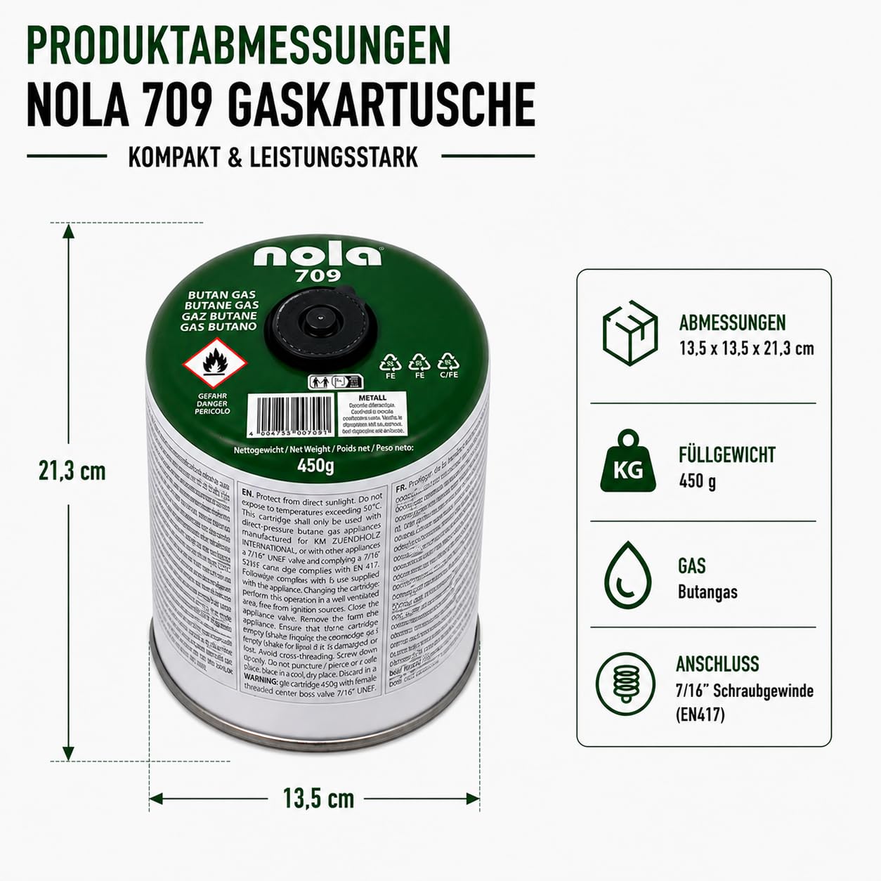NOLA 4X 450g Gaskartuschen – Propan-/Butangas Schraubkartuschen mit Gewinde 7/16" Gas, Campinggas, für Campingkocher, Gaskocher & Gasgrill – Schraubventil Kartusche Outdoor EN417 Notfall Stromausfall