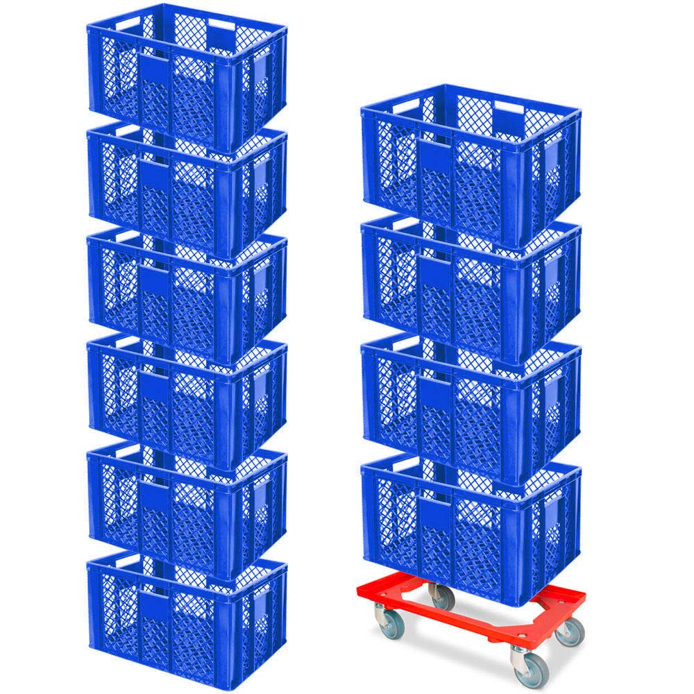 BRB Lot économique de 10 bacs empilables et roulettes de transport, 600 x 400 x 320 mm, qualité industrielle, convient à un usage alimentaire, bleu
