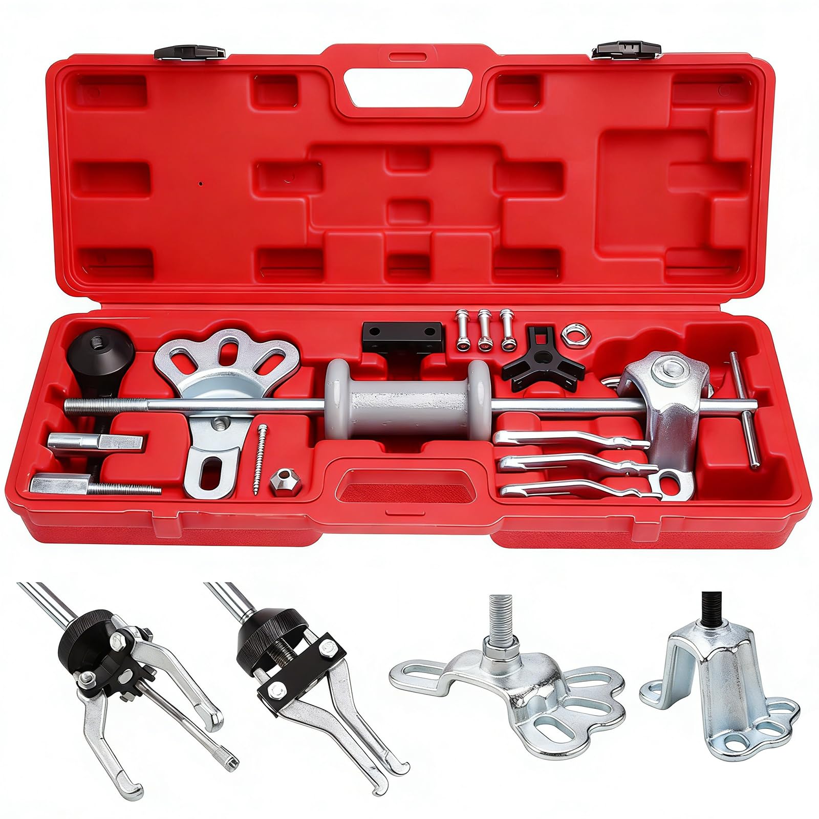FreeTec 9-in-1 Radlager Abzieher Radnabenabzieher Gleithammer Satz, 3 Backen Lager Innenlager Auszieher Innenabzieher, Vorder-/Hinterradnabe Abzieher Gleithammer Dentzieher für Autoreparatur (Rot)